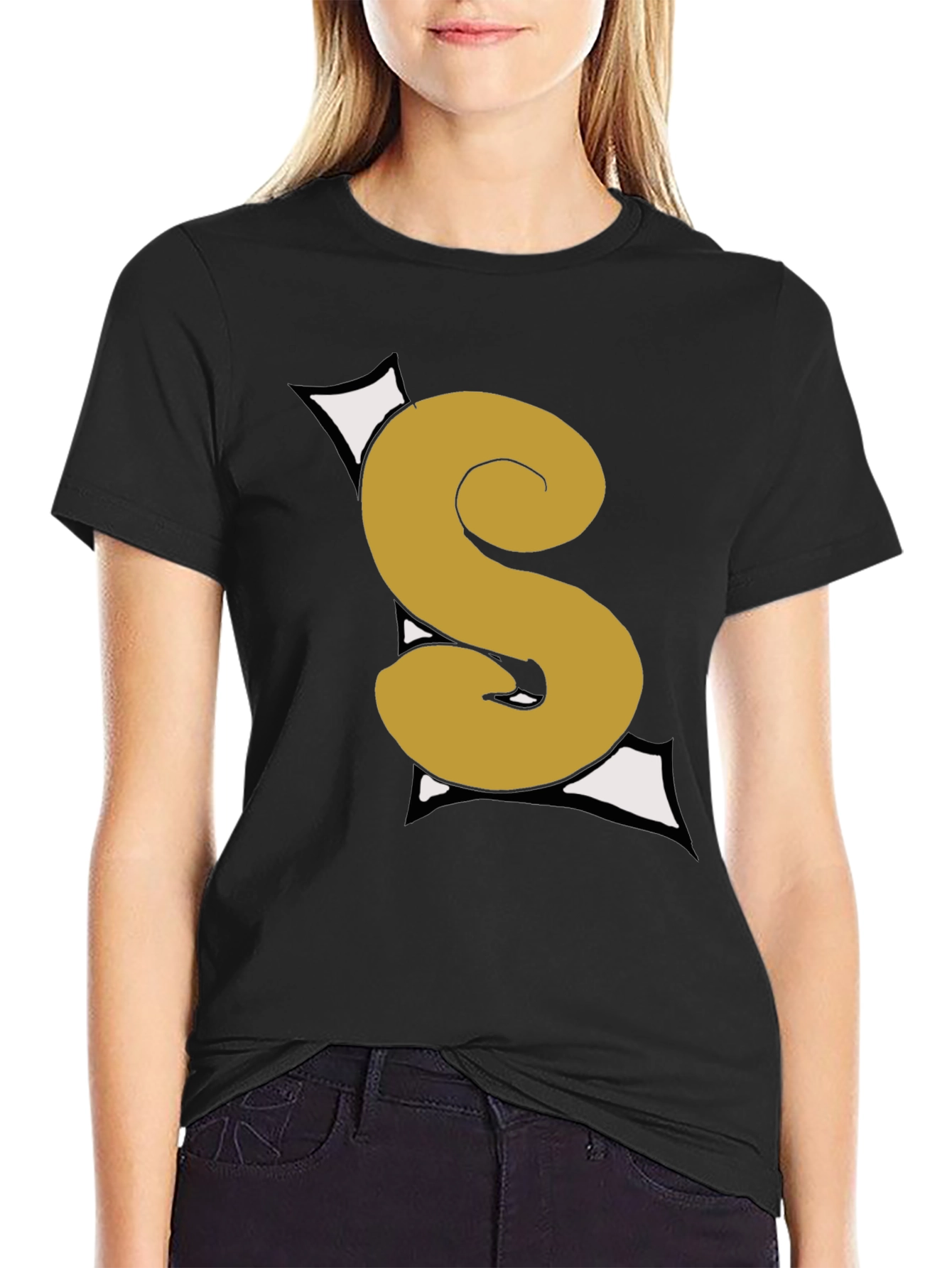 Graphic Black T-Shirt with Gold S Letter