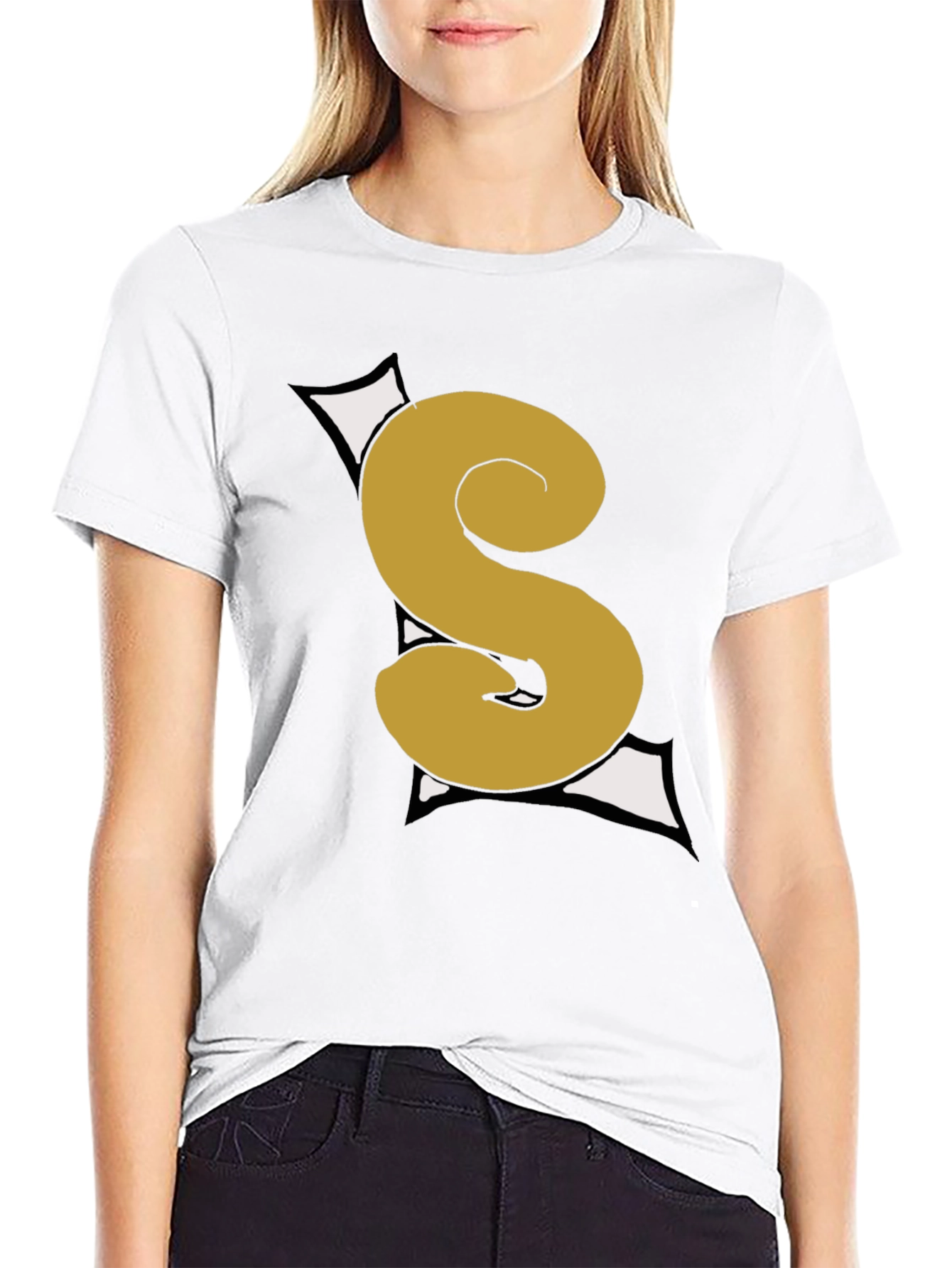 Graphic Black T-Shirt with Gold S Letter