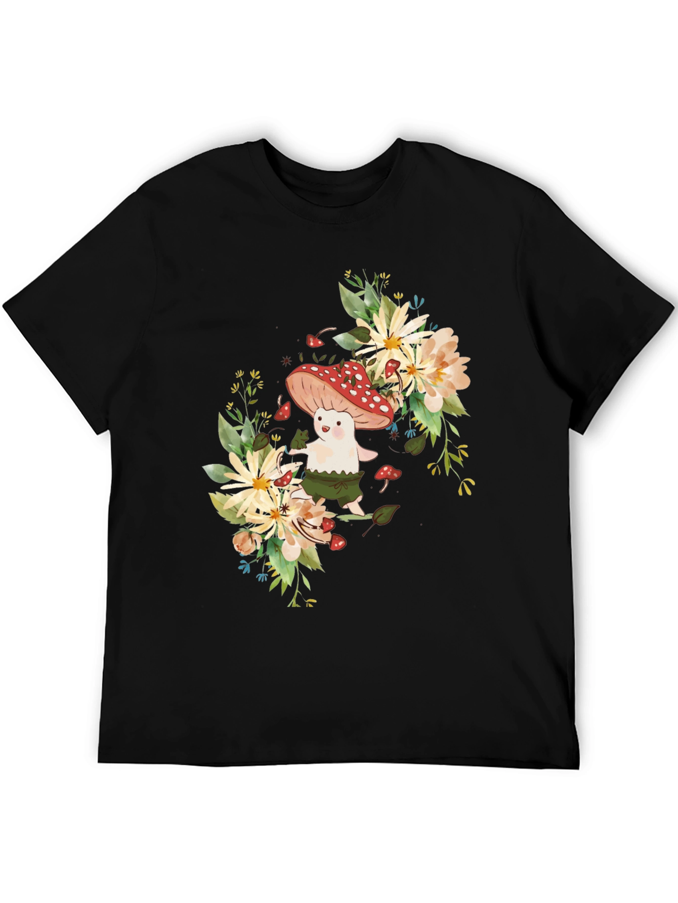 Mushroom & Floral Graphic Black Tee