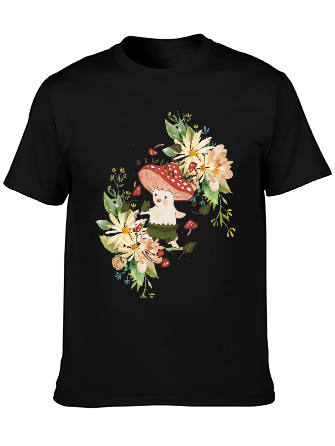 Mushroom & Floral Graphic Black Tee