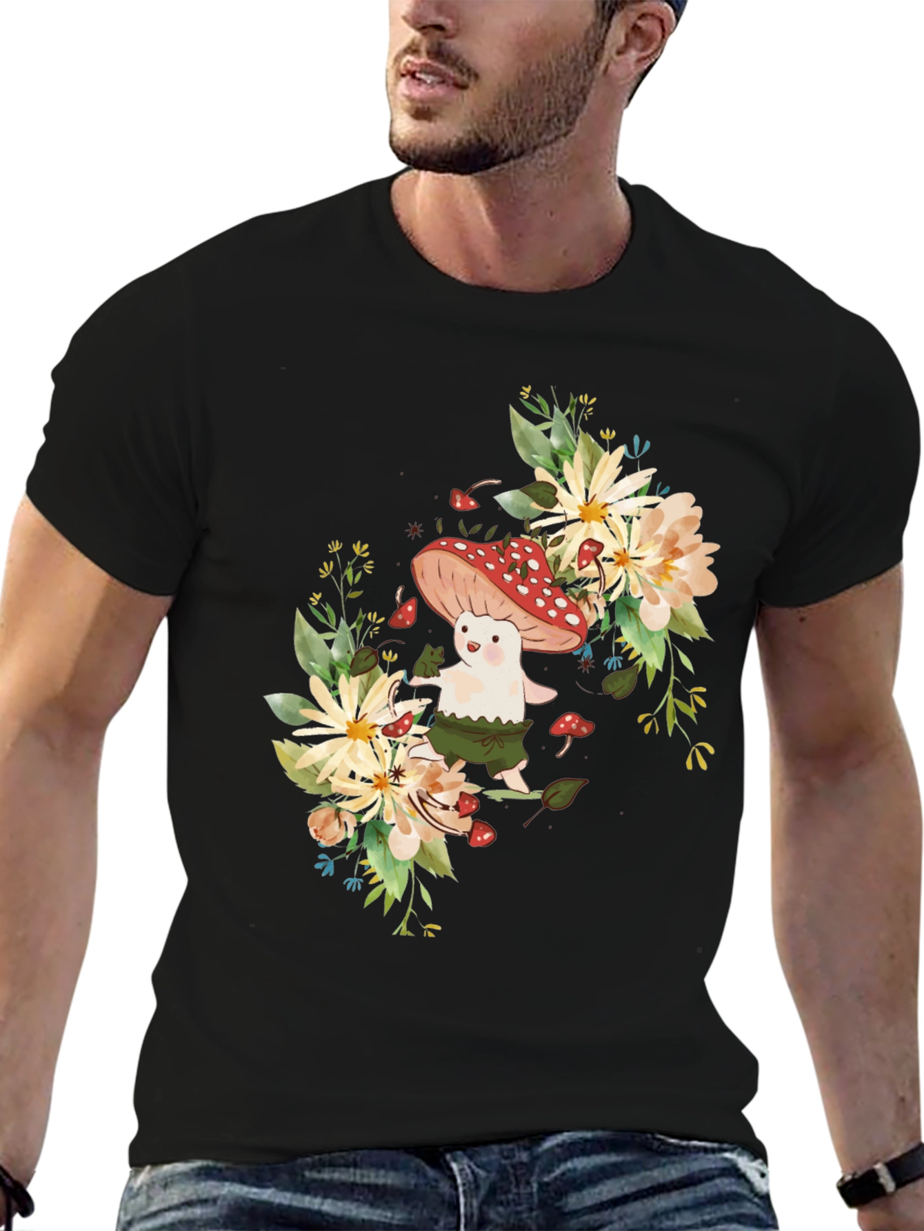 Mushroom & Floral Graphic Black Tee