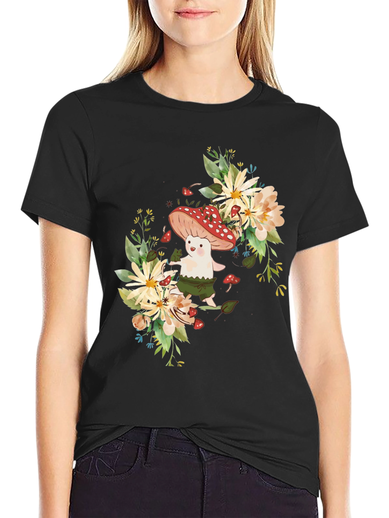 Mushroom & Floral Graphic Black Tee