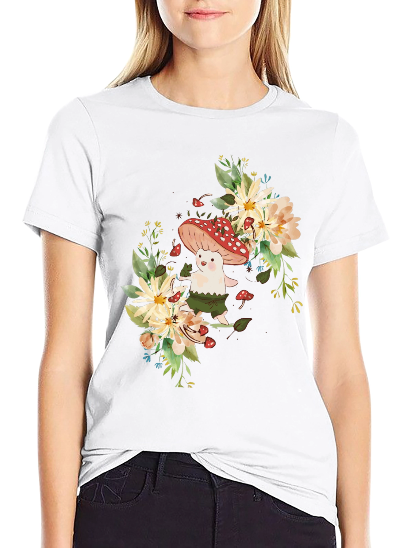 Mushroom & Floral Graphic Black Tee