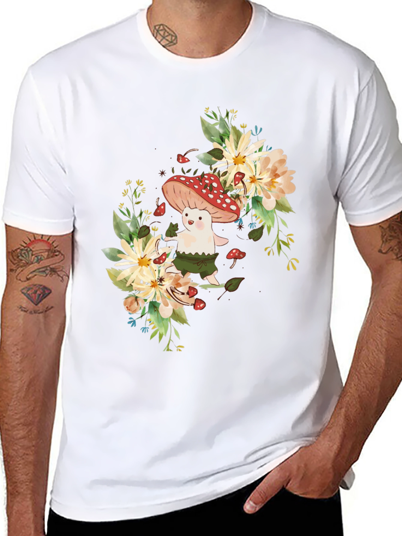 Mushroom & Floral Graphic Black Tee