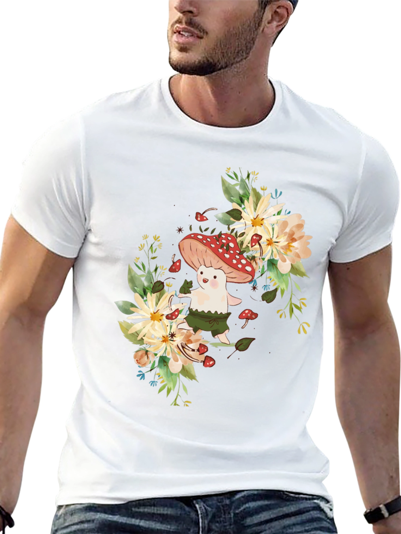 Mushroom & Floral Graphic Black Tee