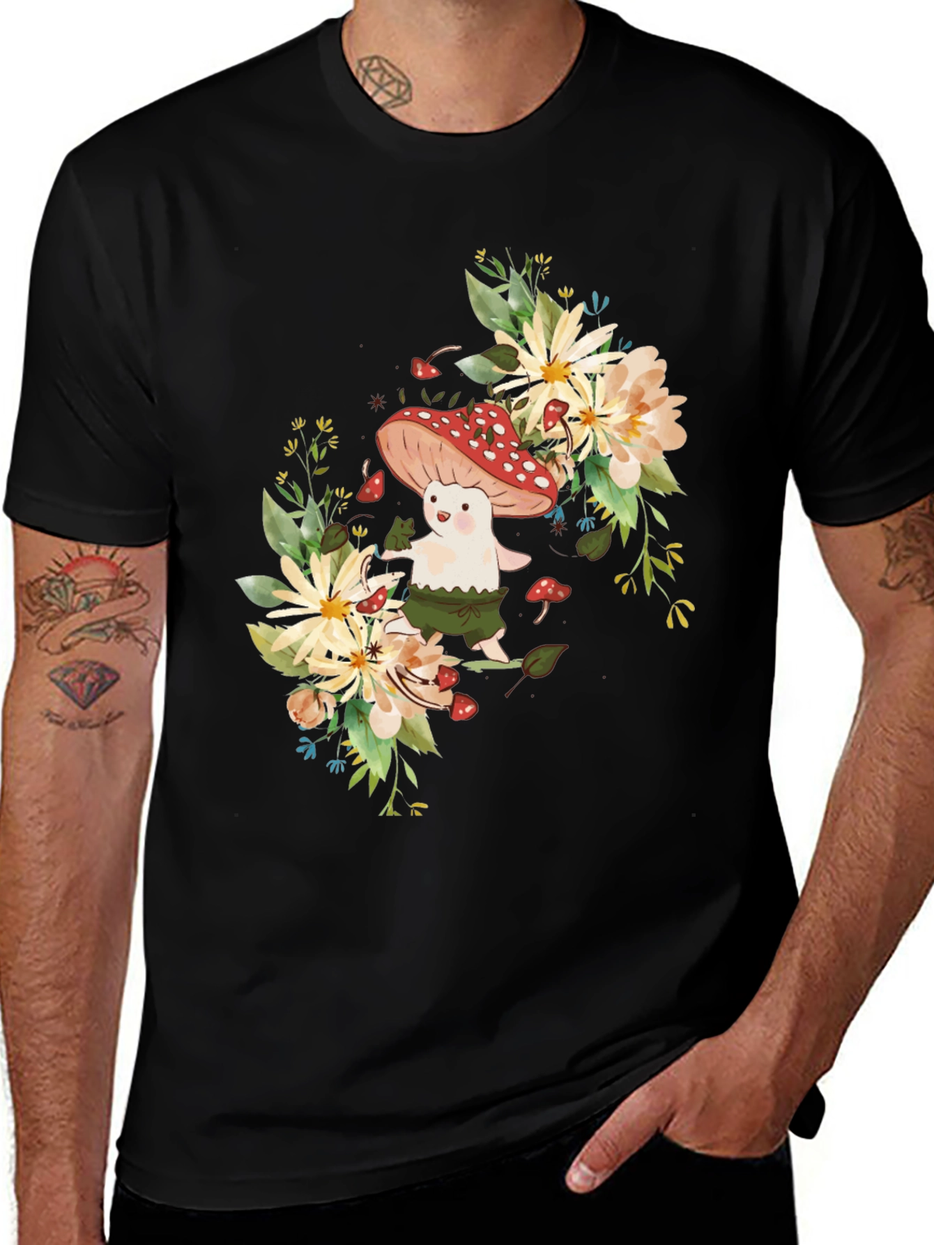 Mushroom & Floral Graphic Black Tee