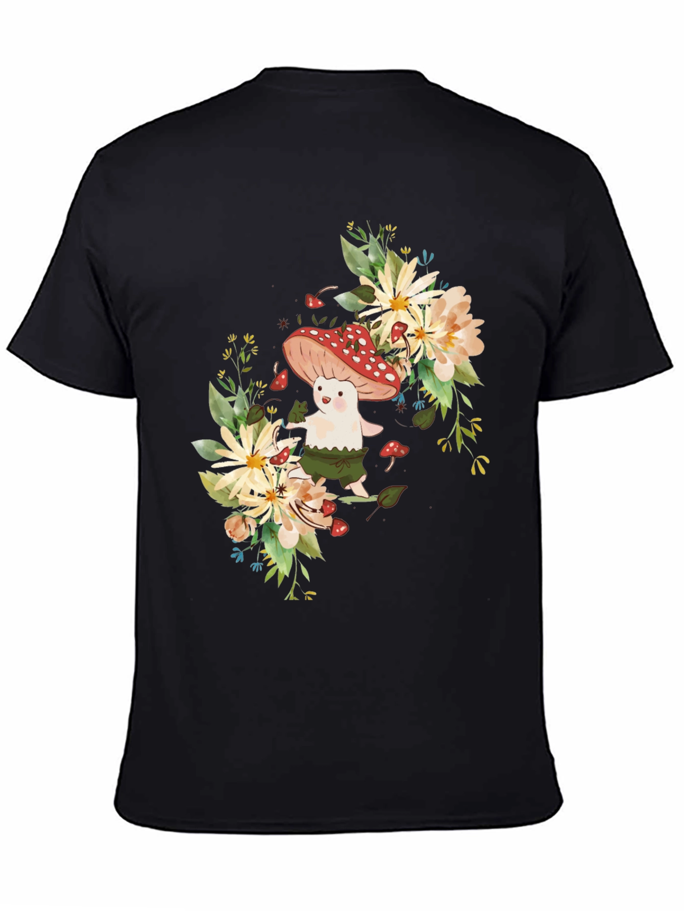 Mushroom & Floral Graphic Black Tee