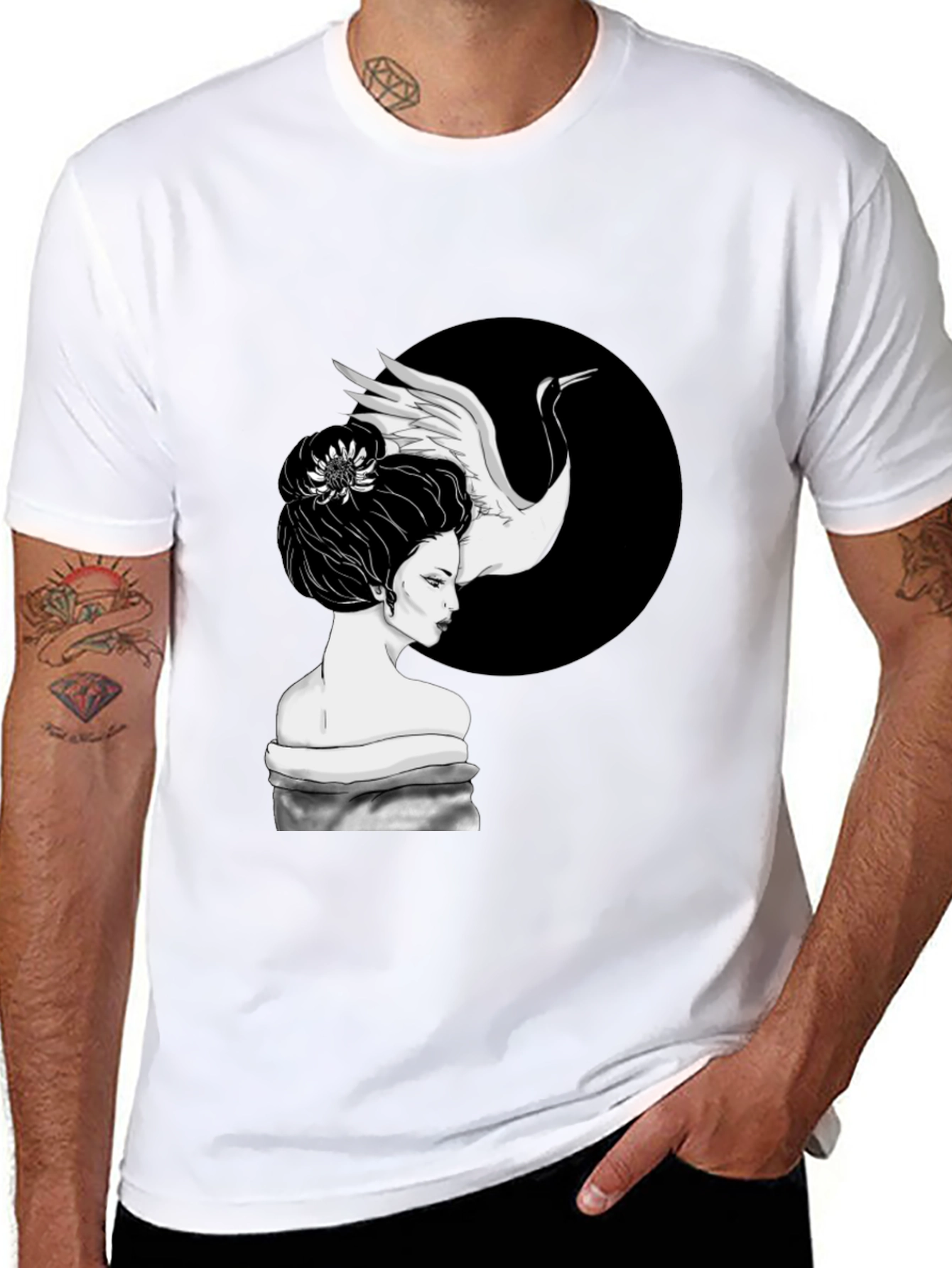 Crane Geisha T-Shirt - Unique Graphic Tee
