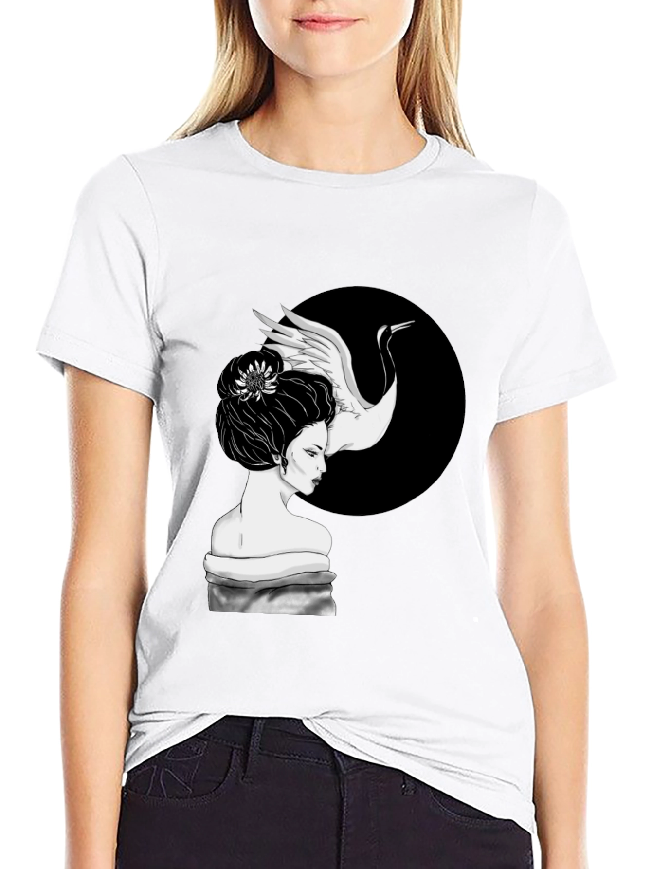 Crane Geisha T-Shirt - Unique Graphic Tee