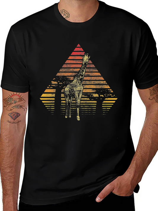 Giraffe Sunset Graphic Tee - Stylish Mens Black T-Shirt