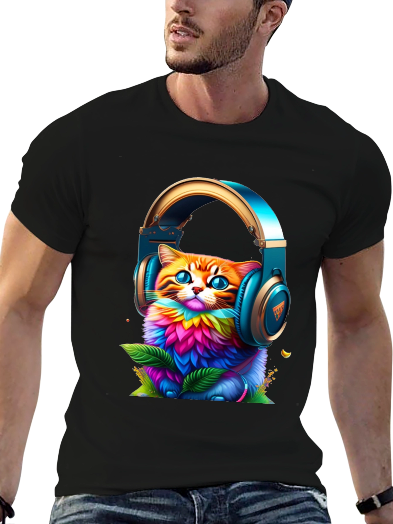 Vibrant Cat in Headphones Graphic Tee