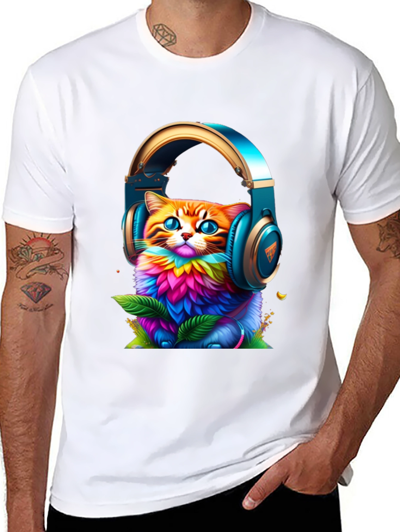 Vibrant Cat in Headphones Graphic Tee