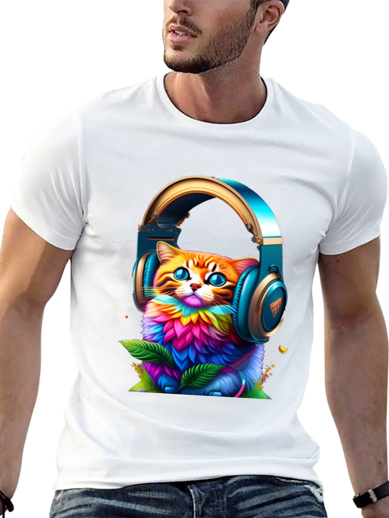 Vibrant Cat in Headphones Graphic Tee