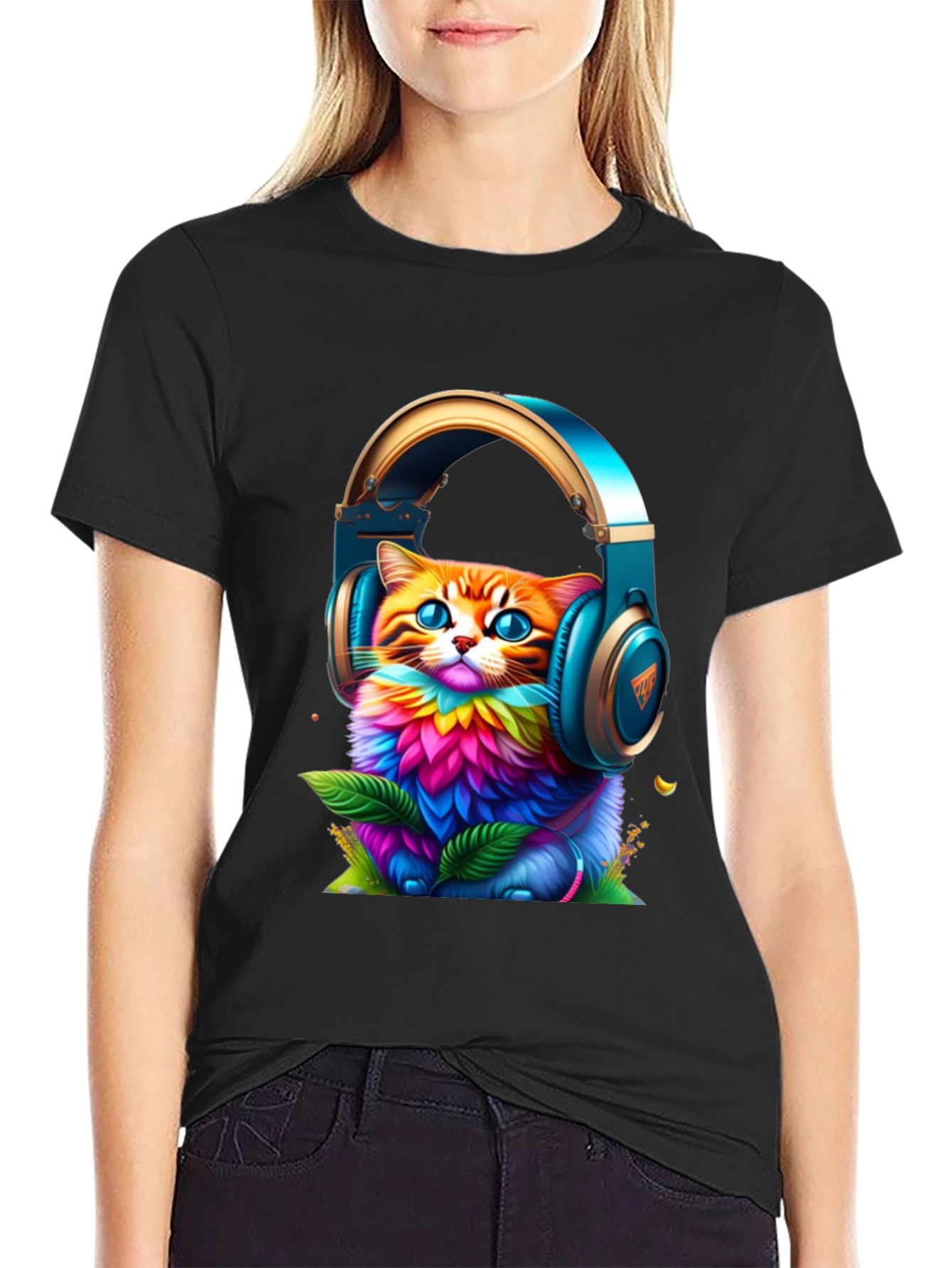 Vibrant Cat in Headphones Graphic Tee