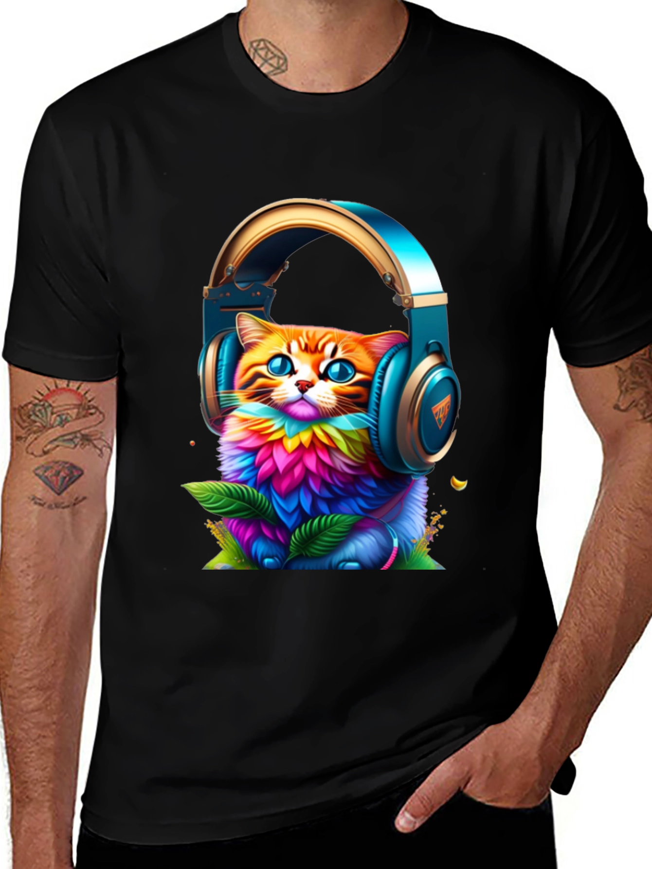 Vibrant Cat in Headphones Graphic Tee