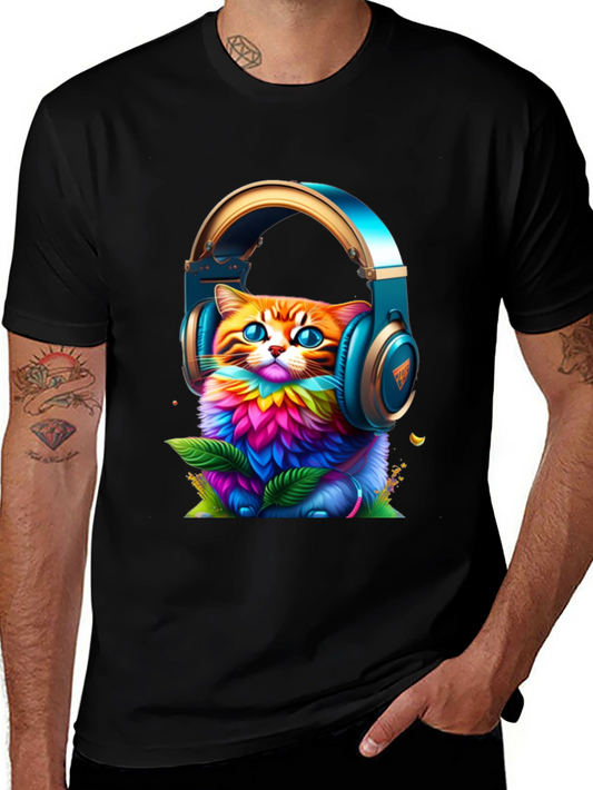 Vibrant Cat in Headphones Graphic Tee