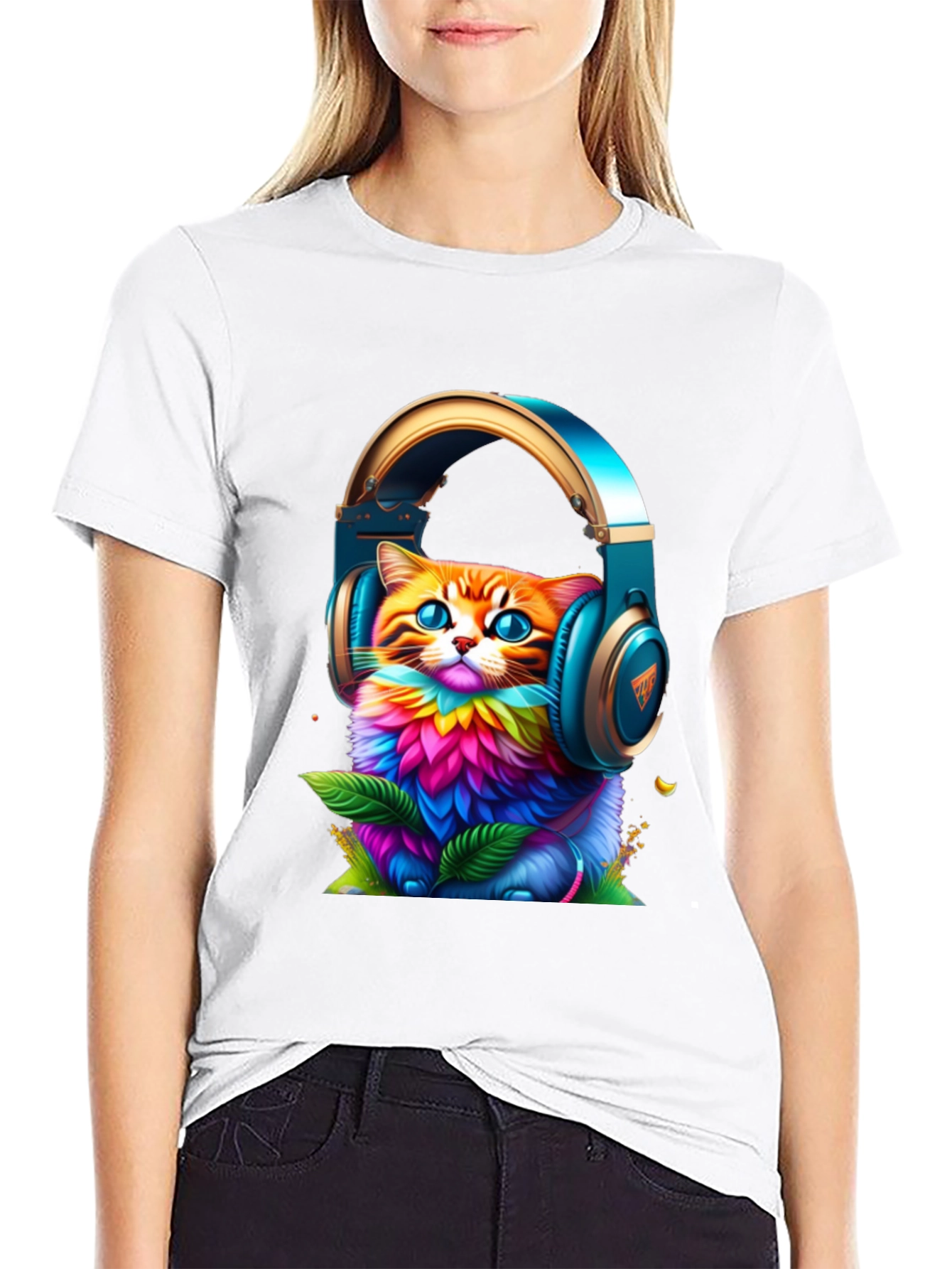 Vibrant Cat in Headphones Graphic Tee
