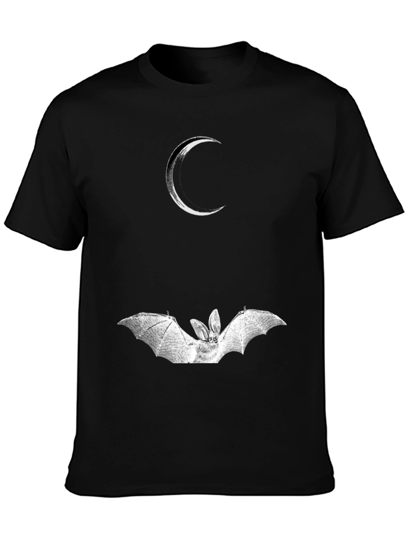 Crescent Moon and Bat Graphic Black T-Shirt