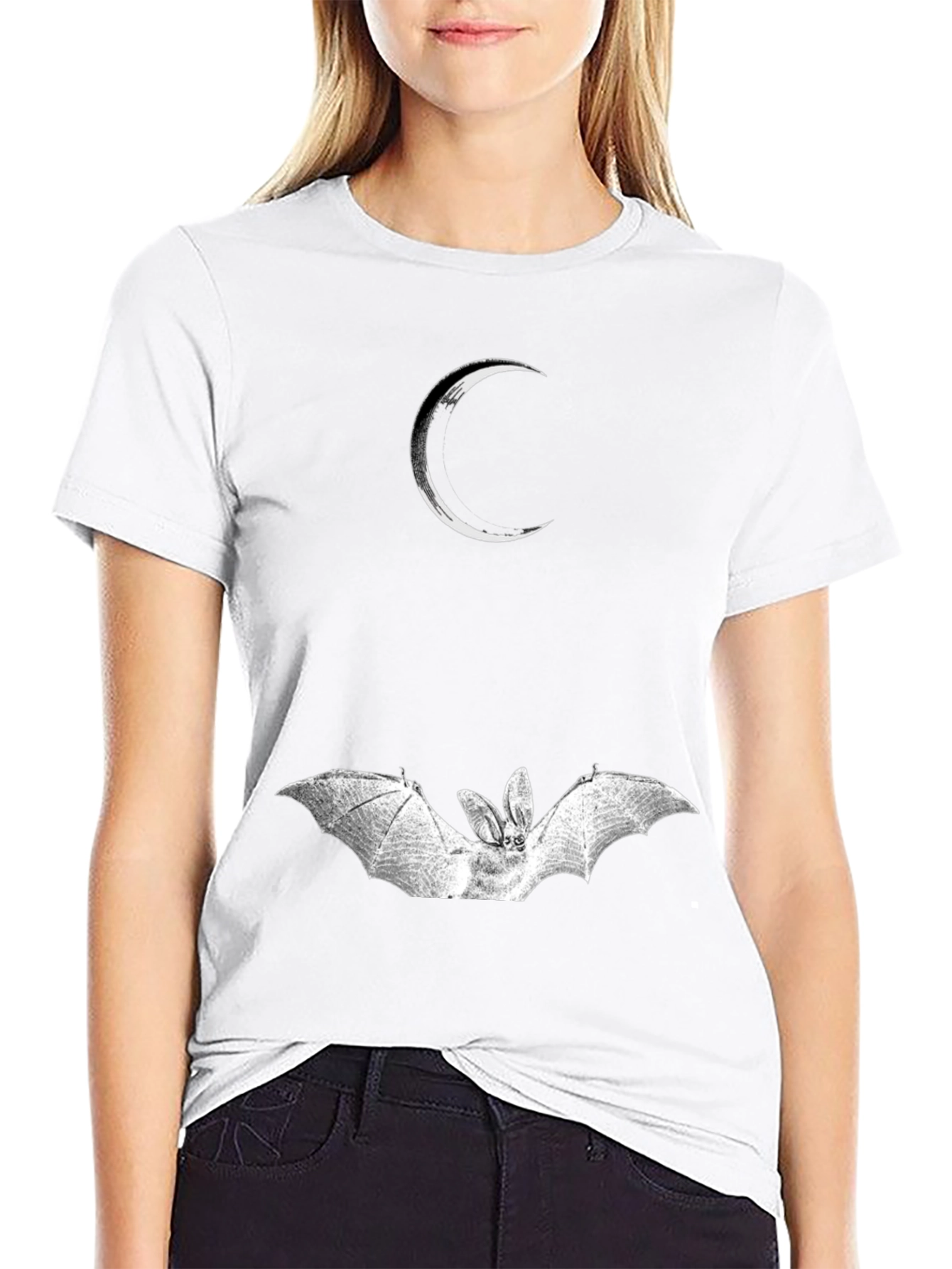 Crescent Moon and Bat Graphic Black T-Shirt