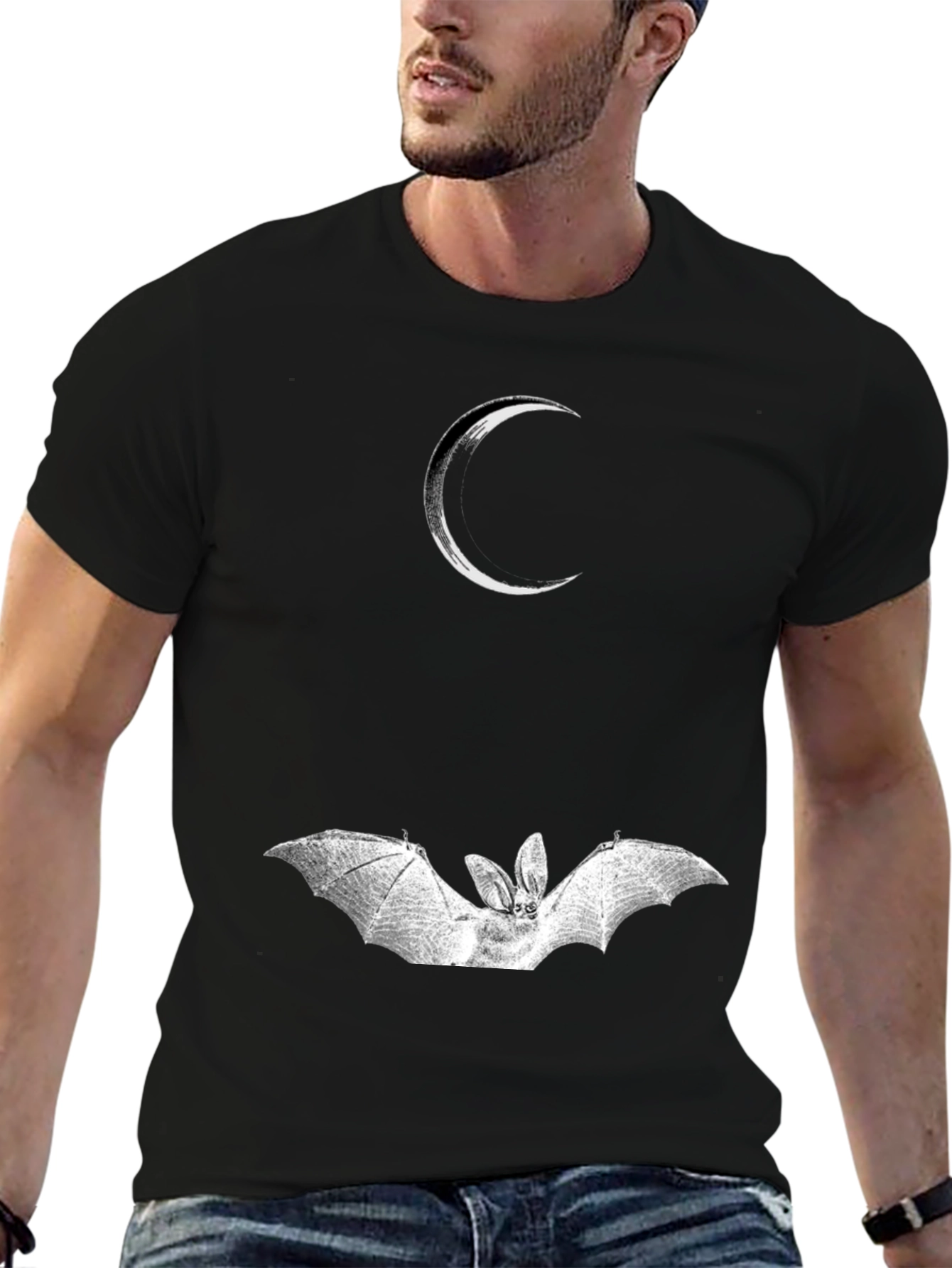 Crescent Moon and Bat Graphic Black T-Shirt