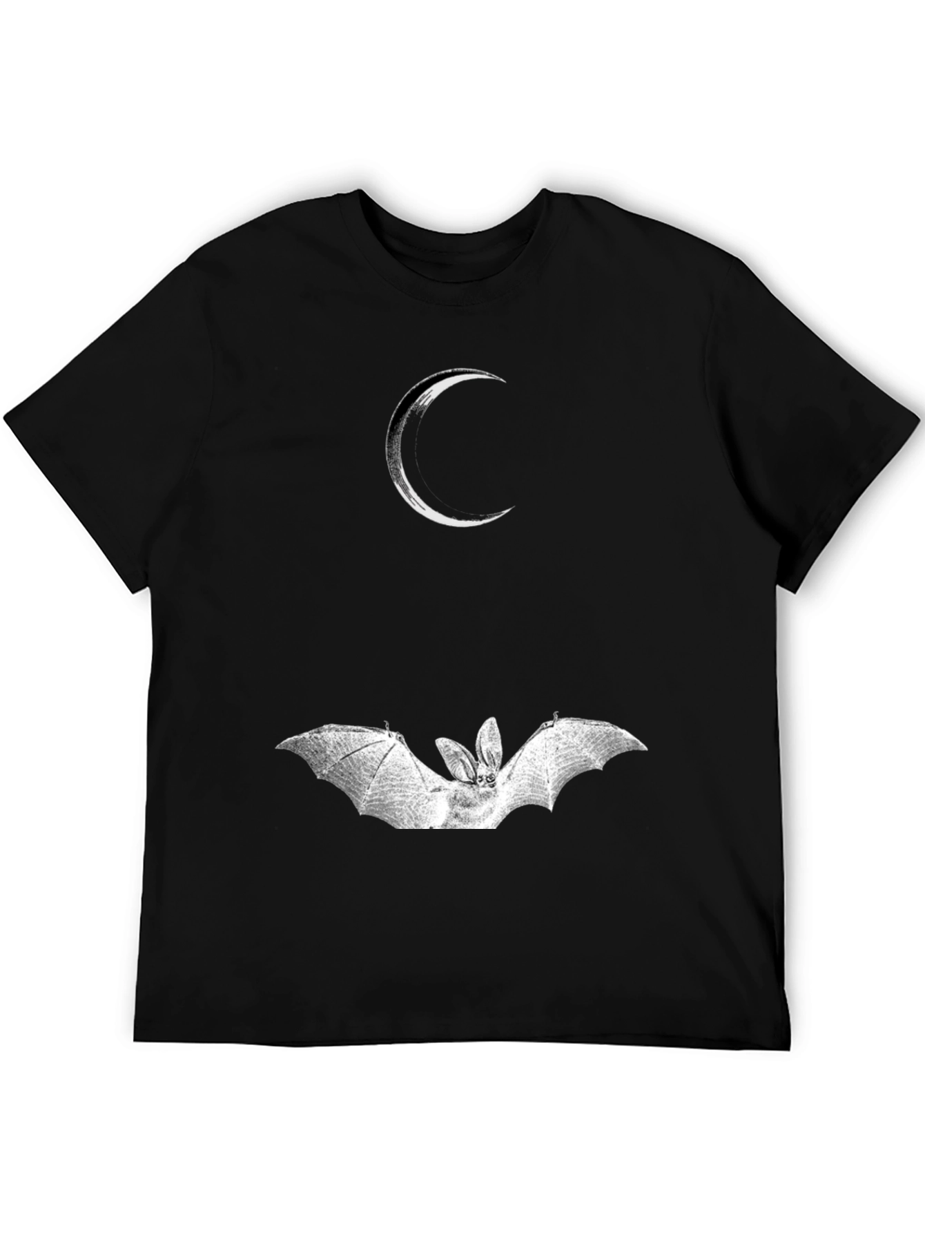 Crescent Moon and Bat Graphic Black T-Shirt