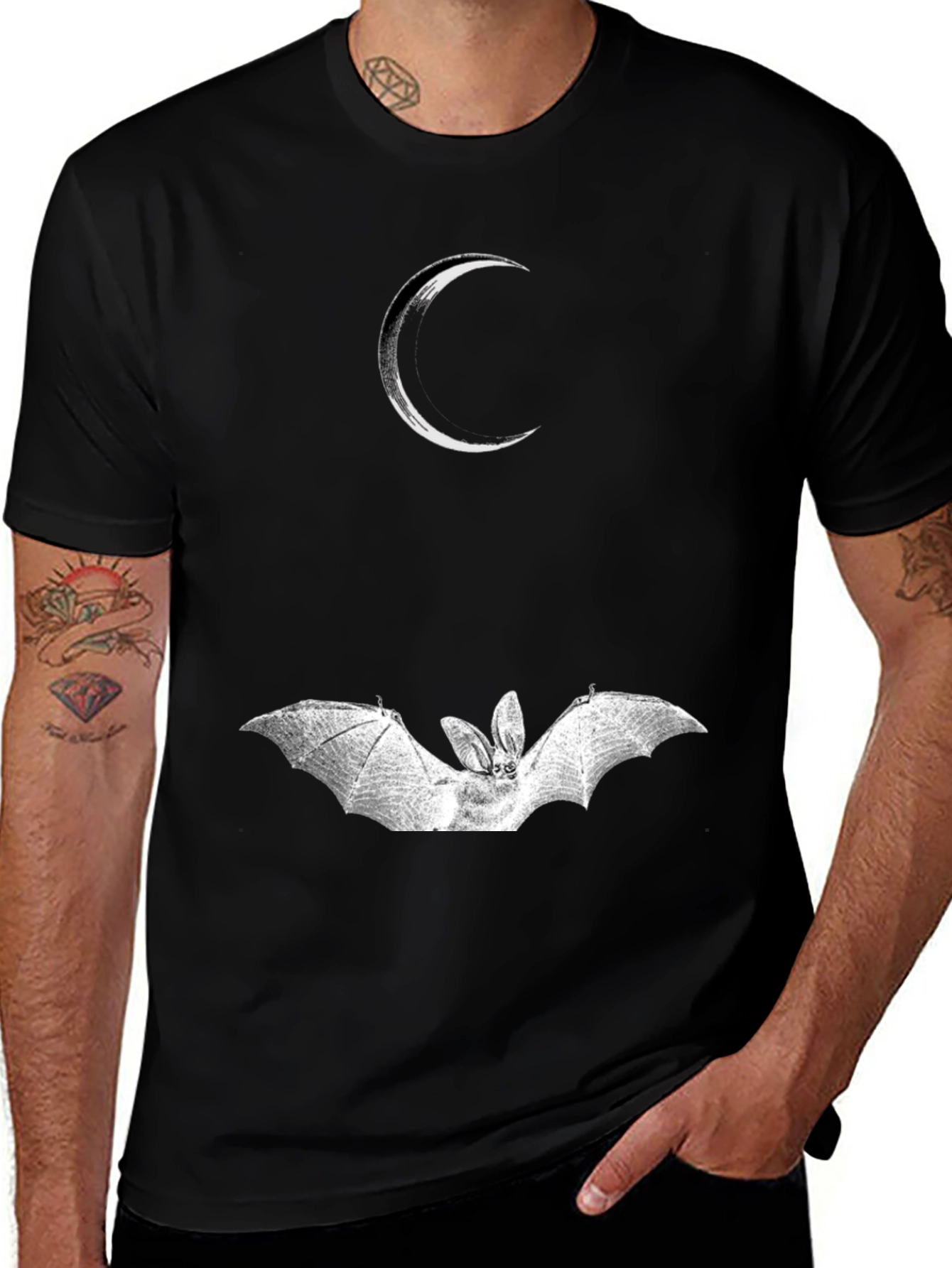 Crescent Moon and Bat Graphic Black T-Shirt