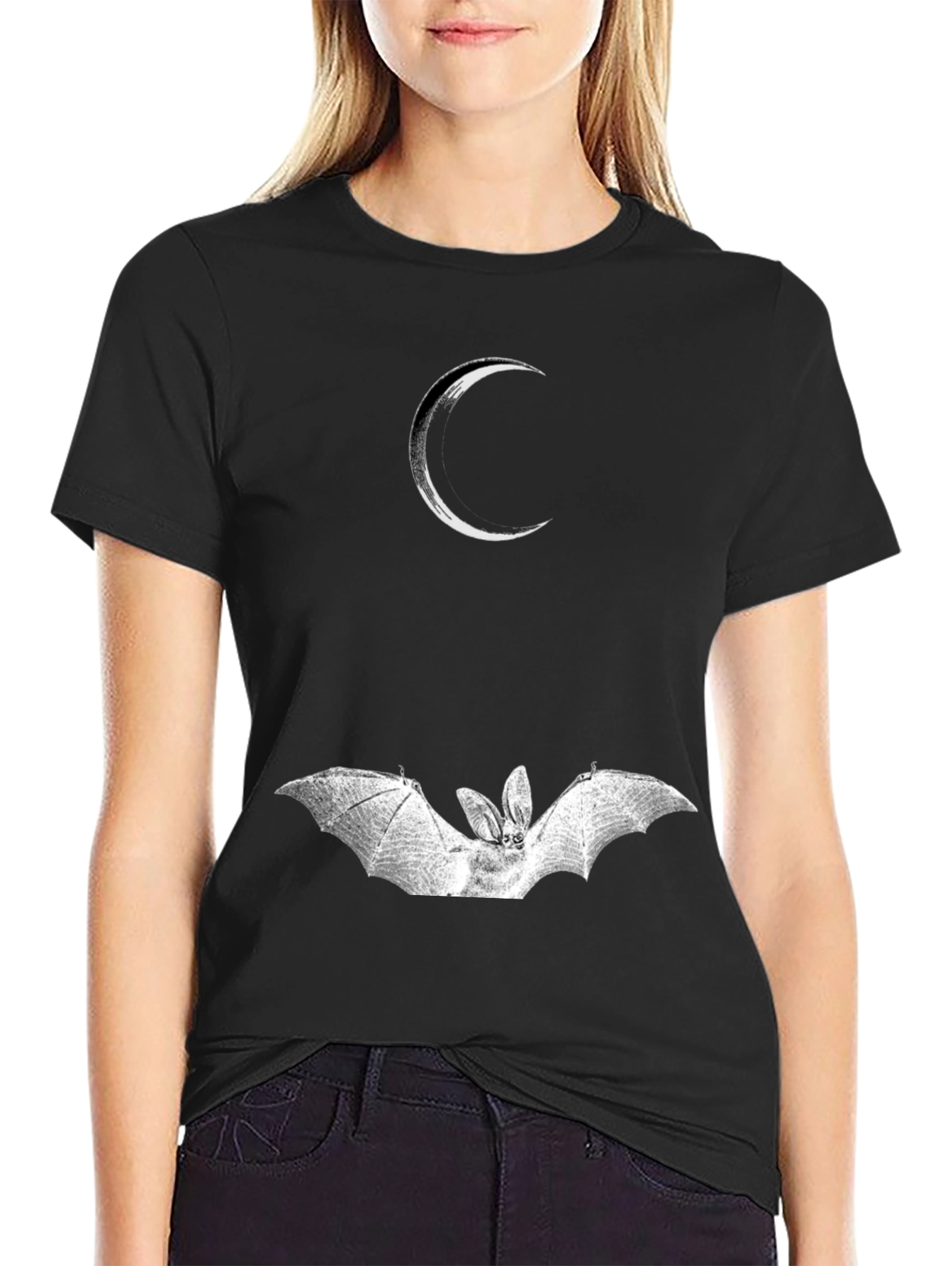 Crescent Moon and Bat Graphic Black T-Shirt