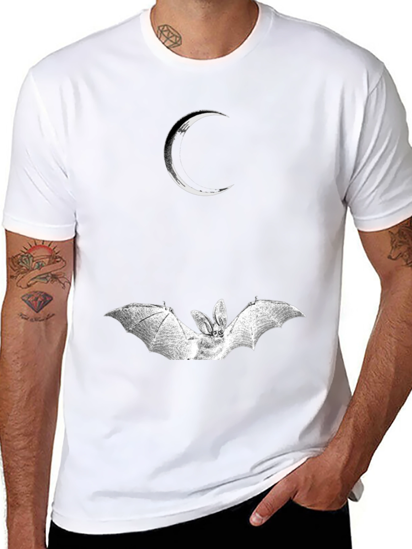Crescent Moon and Bat Graphic Black T-Shirt