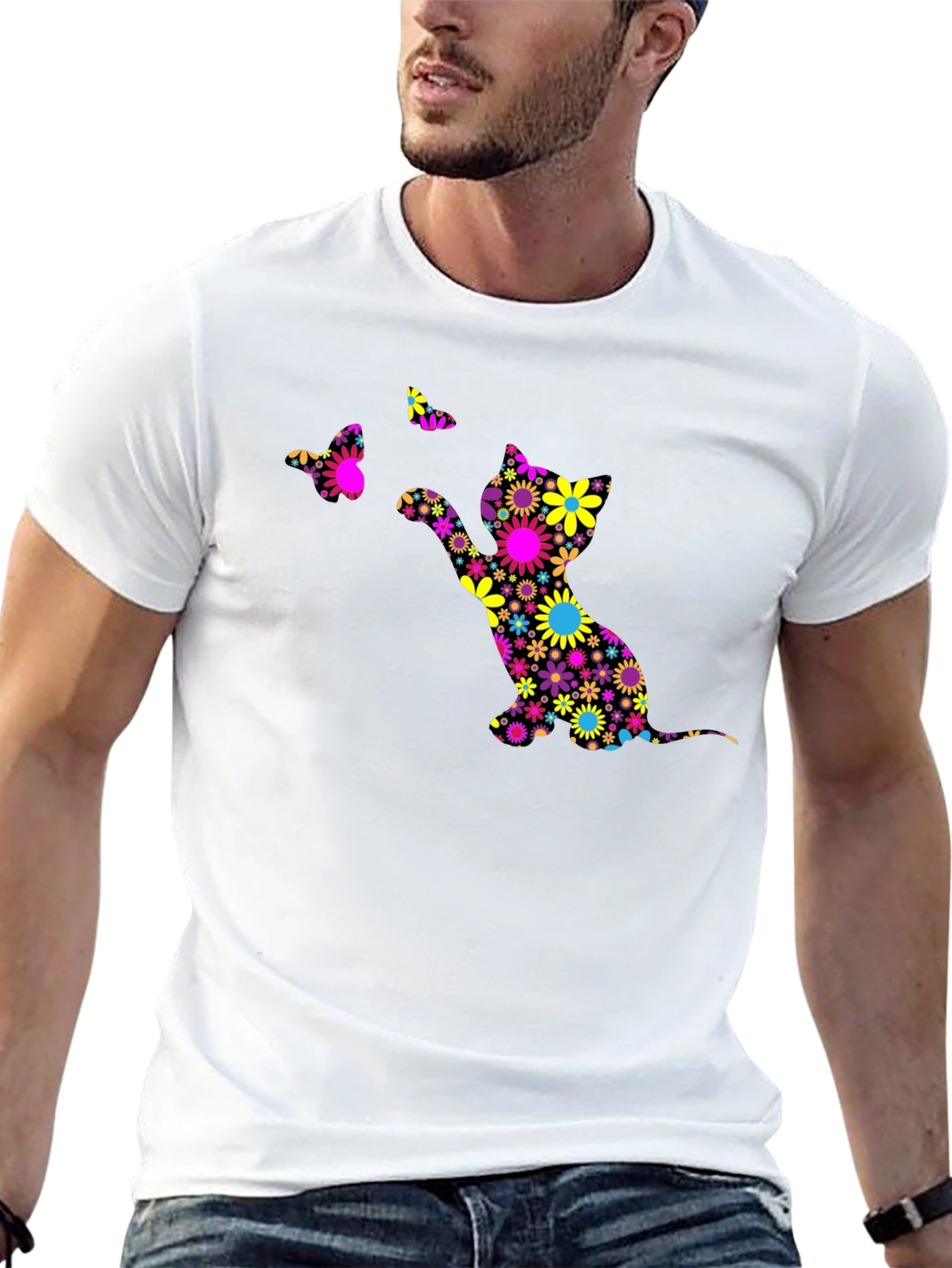 Floral Cat & Butterfly Black T-Shirt