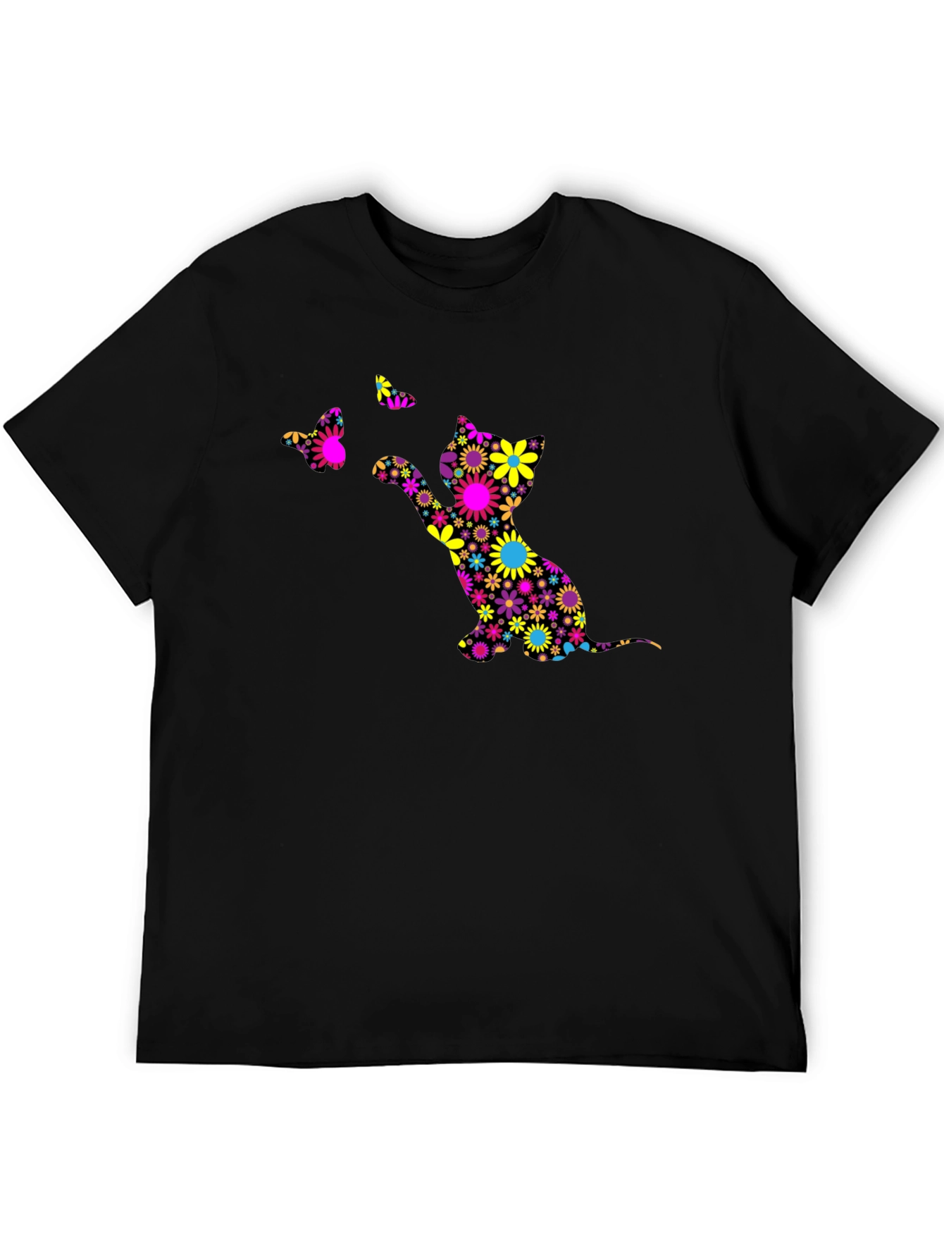Floral Cat & Butterfly Black T-Shirt