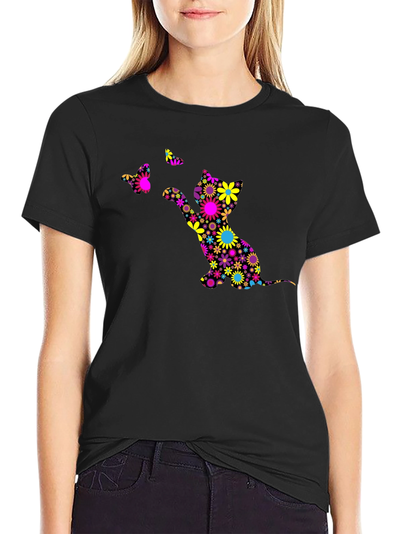 Floral Cat & Butterfly Black T-Shirt