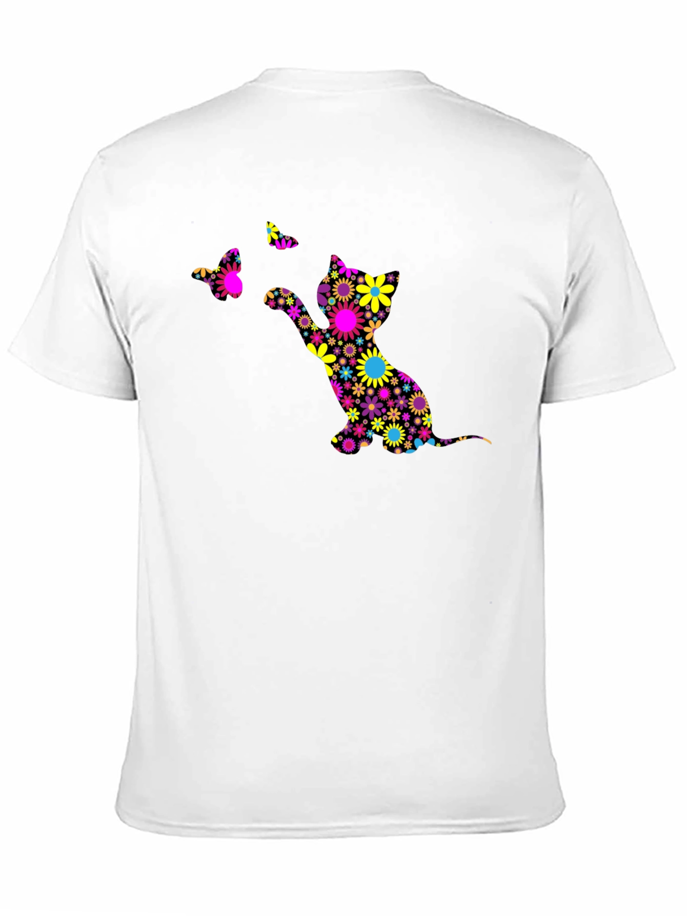 Floral Cat & Butterfly Black T-Shirt