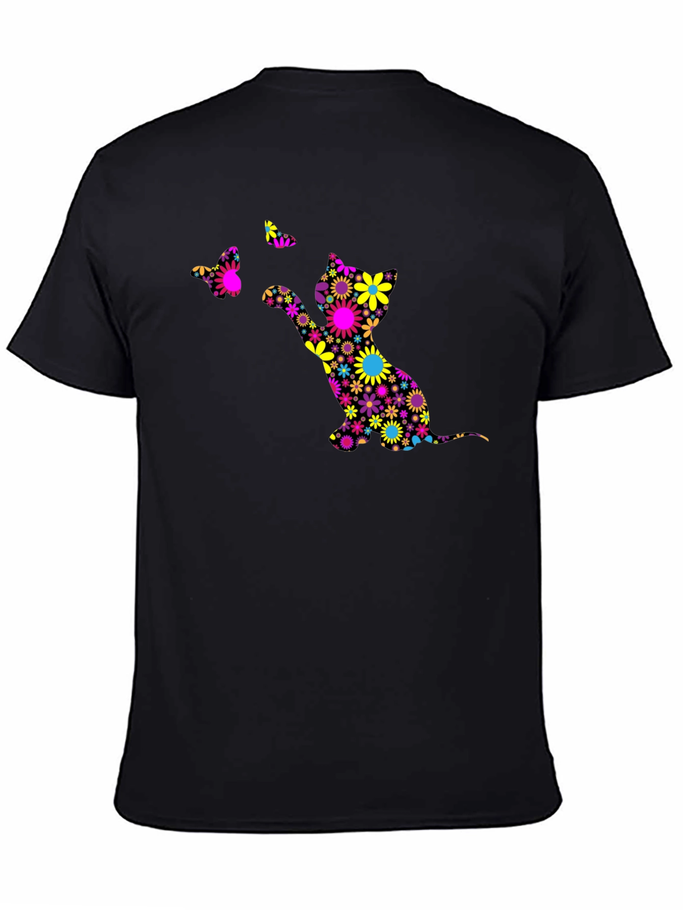 Floral Cat & Butterfly Black T-Shirt