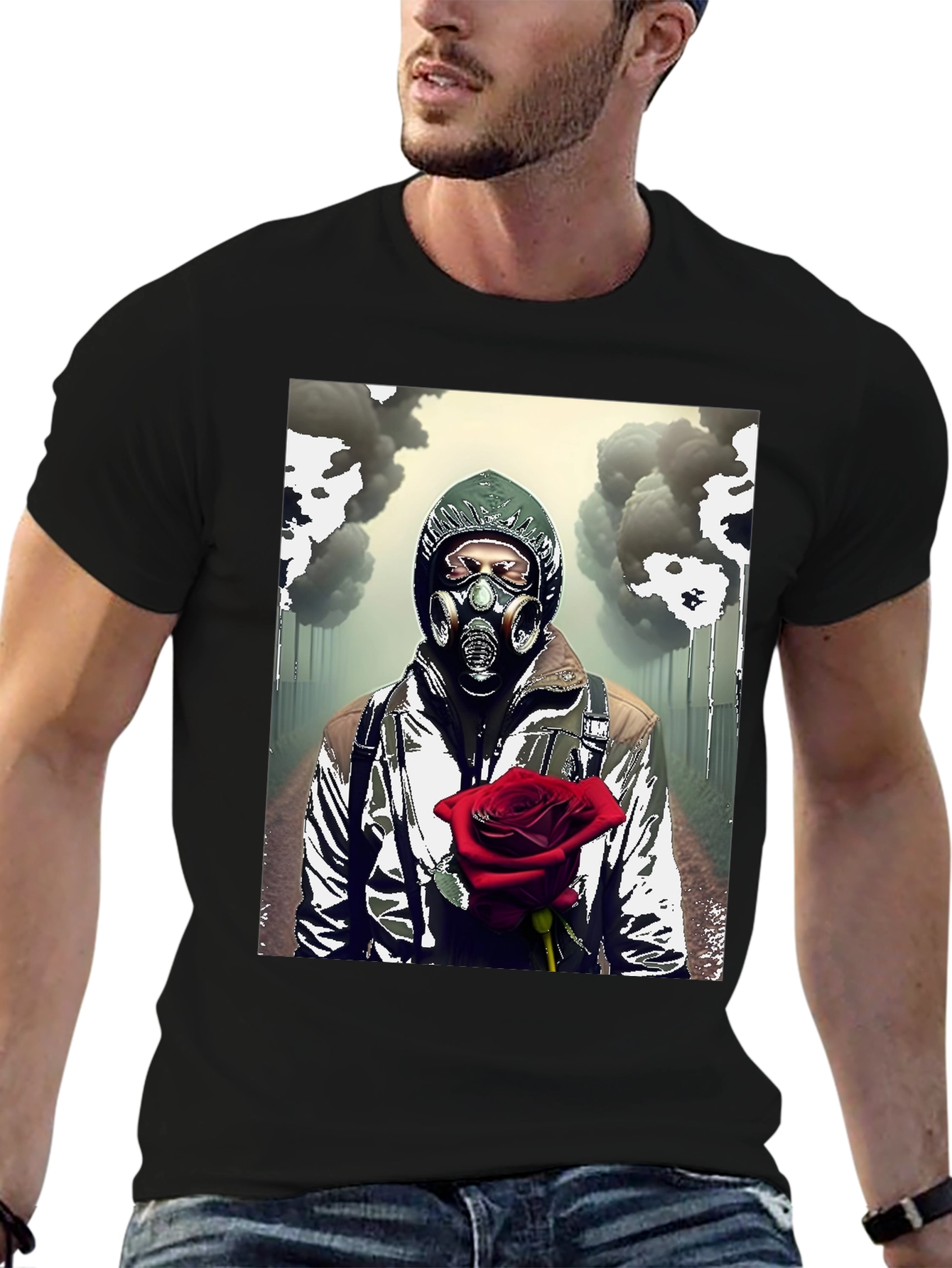 Dystopian Romance T-Shirt - Gas Mask Rose Graphic Tee