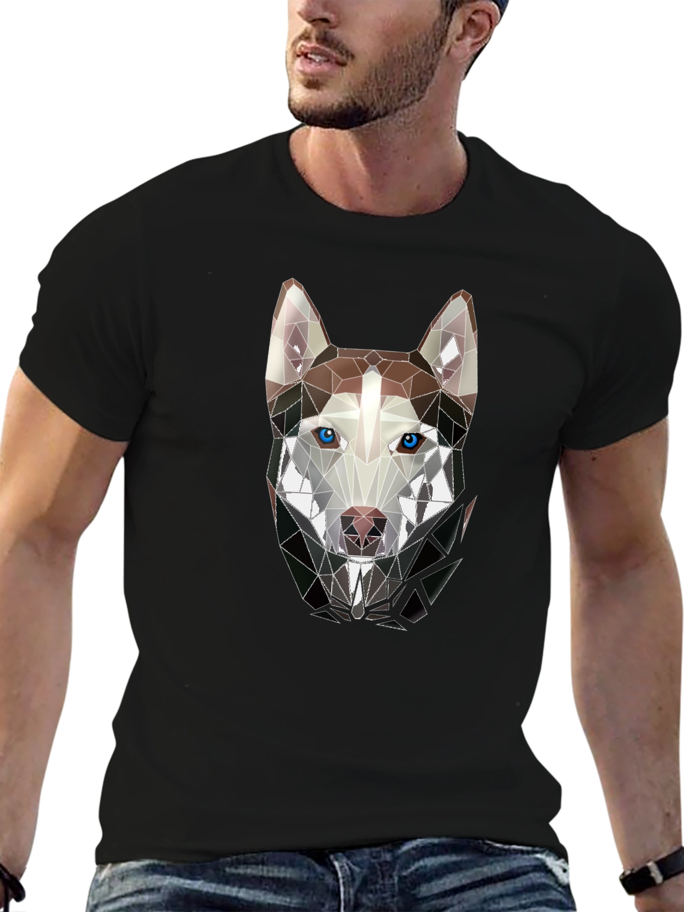 Geometric Husky Graphic Tee - Stylish Mens Black T-Shirt