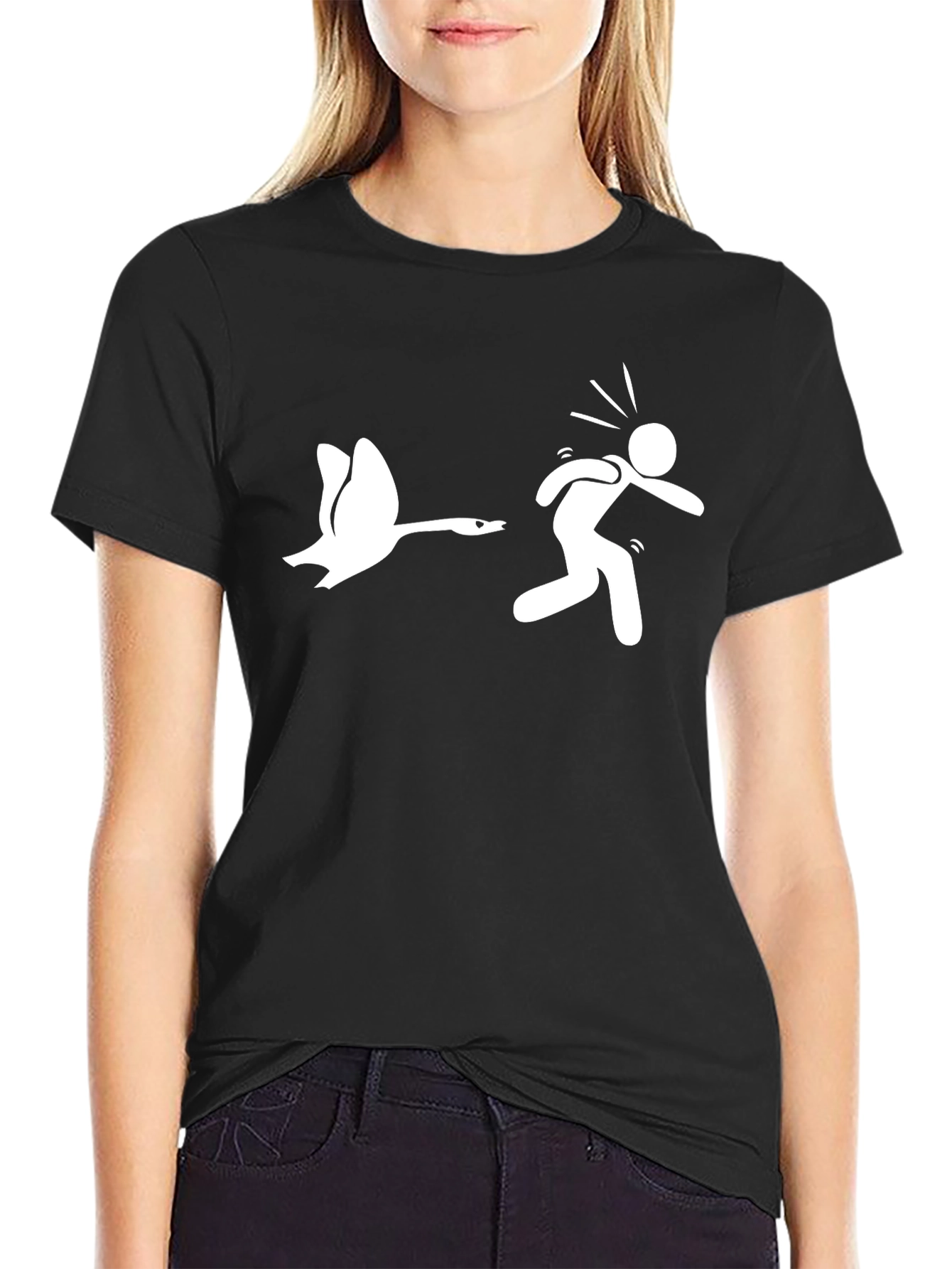 Goose Chasing Stick Figure Funny Black T-Shirt