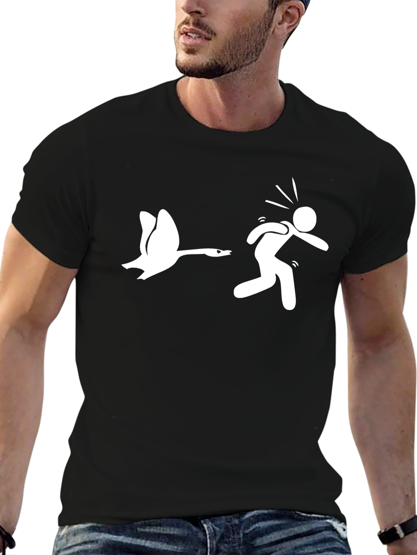Goose Chasing Stick Figure Funny Black T-Shirt