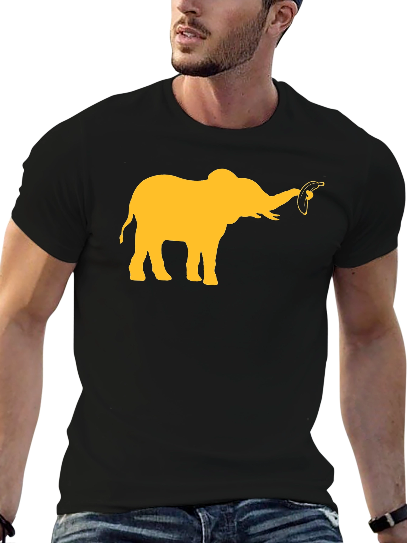 Elephant Banana Graphic Tee - Black Cotton Casual T-Shirt