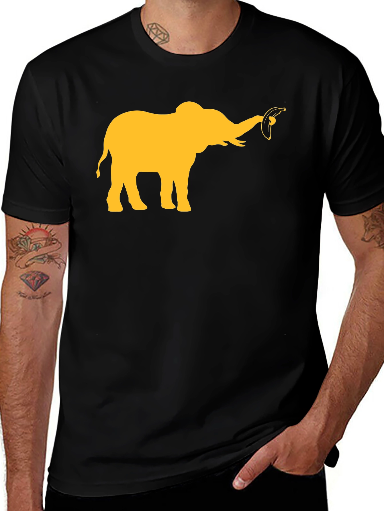 Elephant Banana Graphic Tee - Black Cotton Casual T-Shirt
