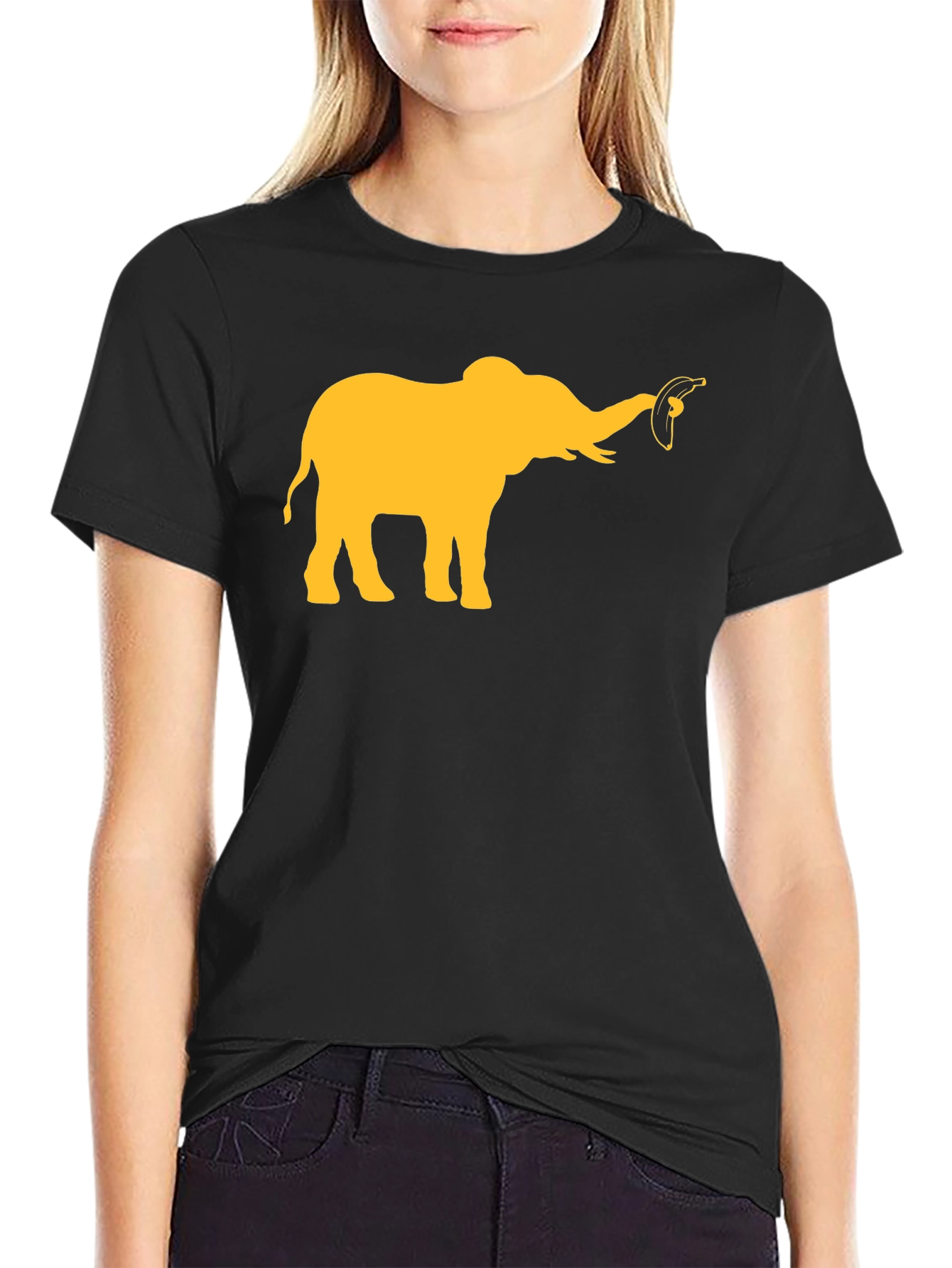 Elephant Banana Graphic Tee - Black Cotton Casual T-Shirt