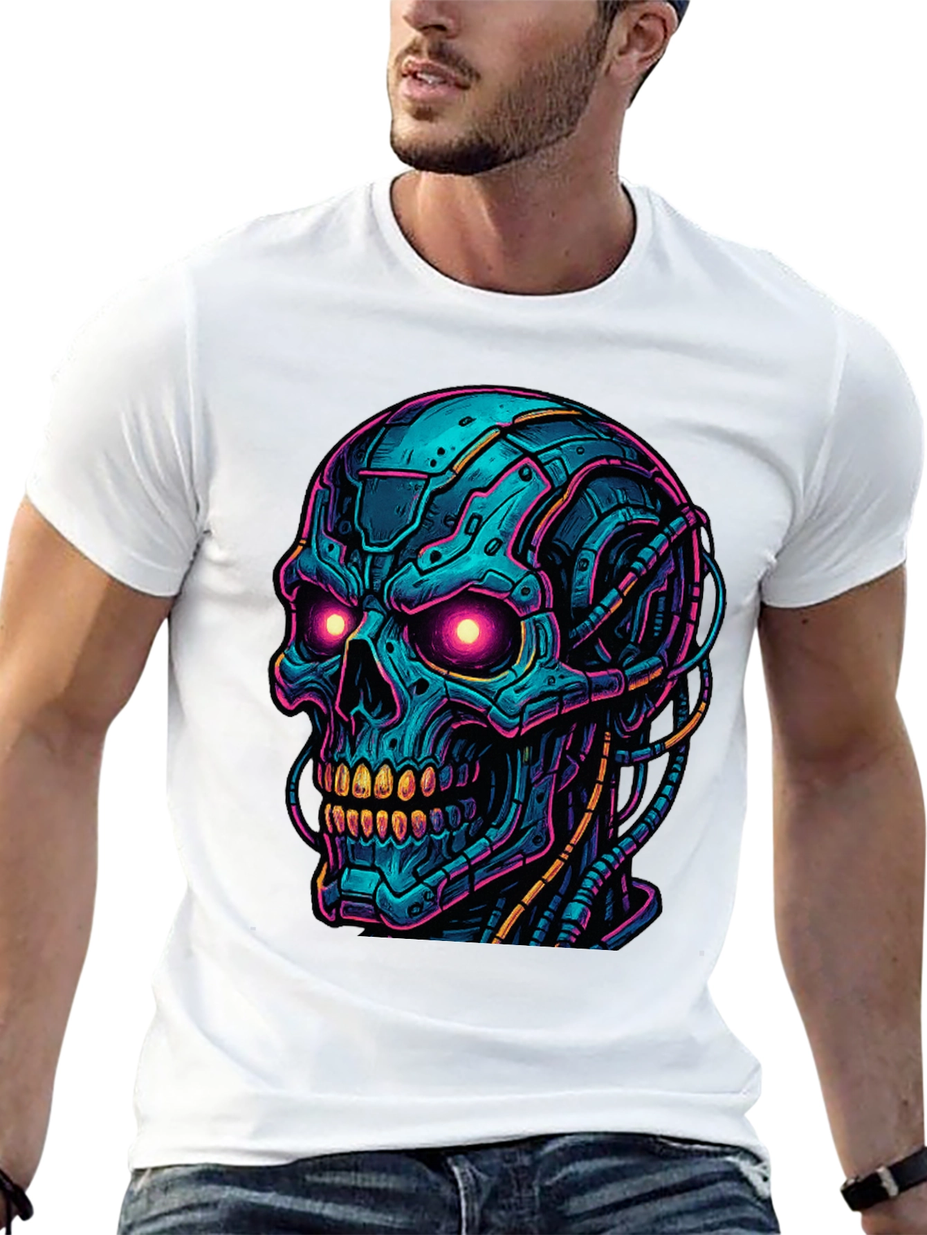 Cyberpunk Skull Graphic Tee - Bold Black Shirt