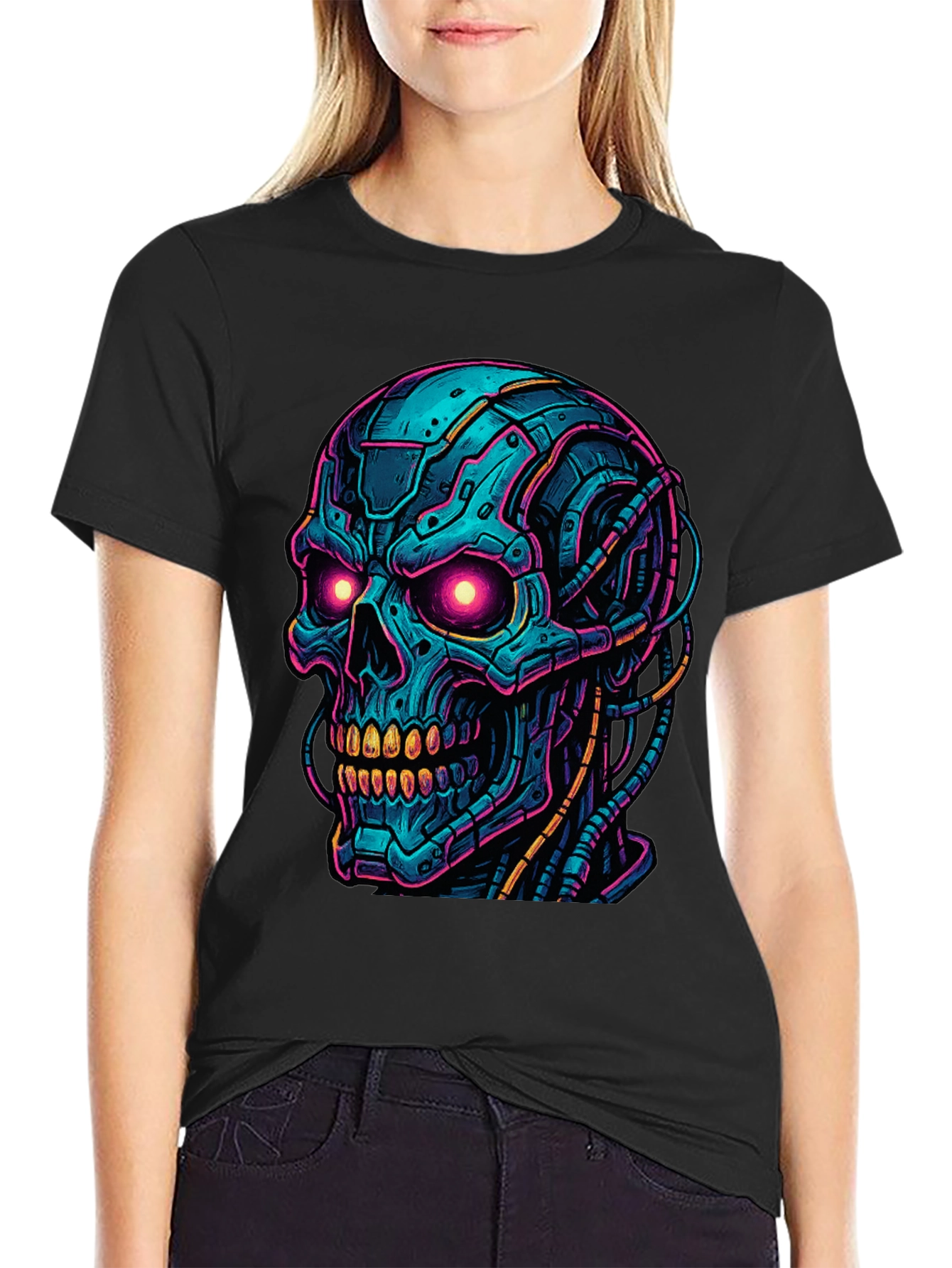 Cyberpunk Skull Graphic Tee - Bold Black Shirt