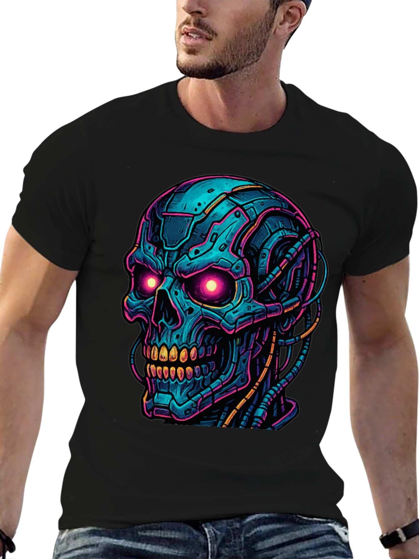 Cyberpunk Skull Graphic Tee - Bold Black Shirt
