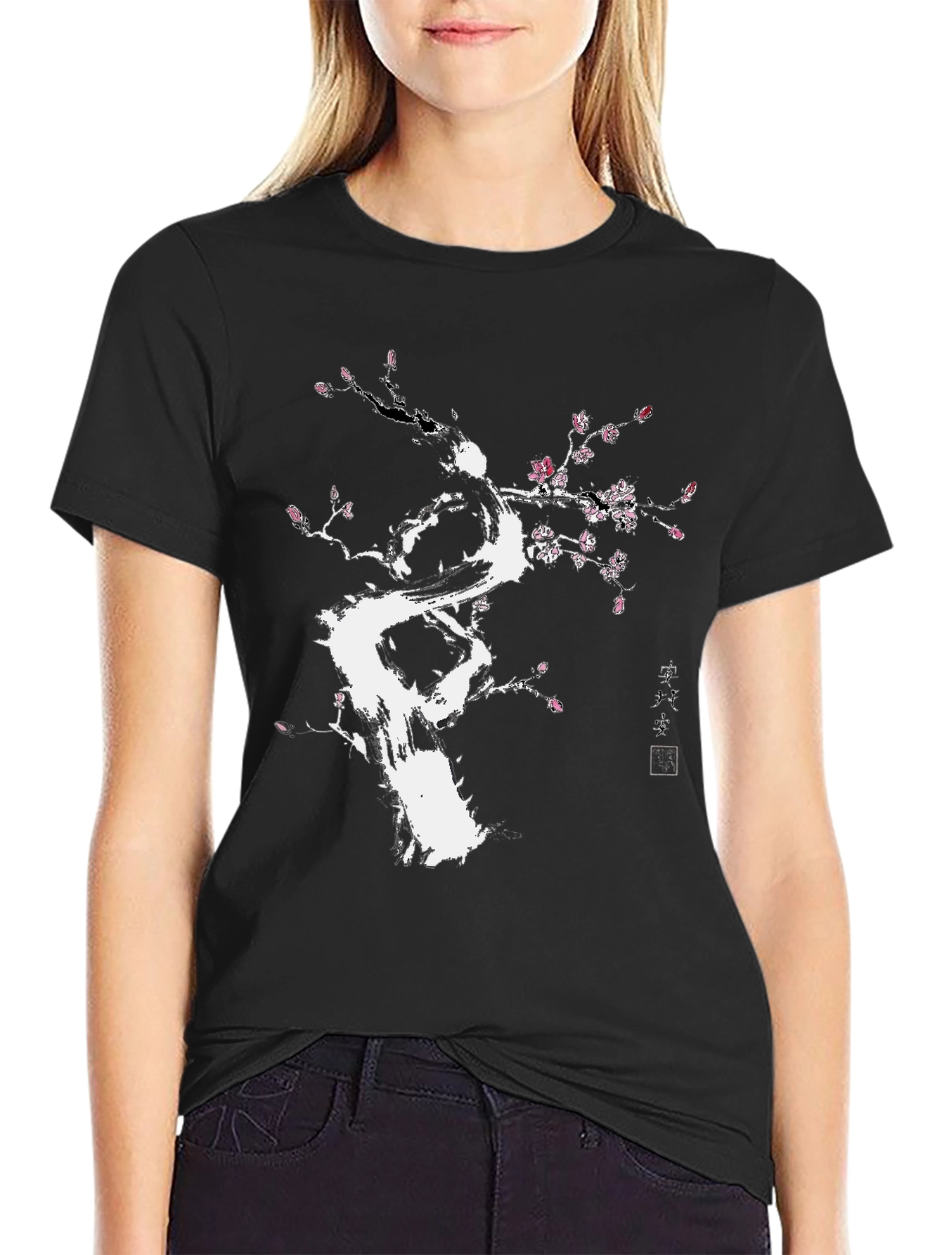 Black T-Shirt with White Floral Tree Design