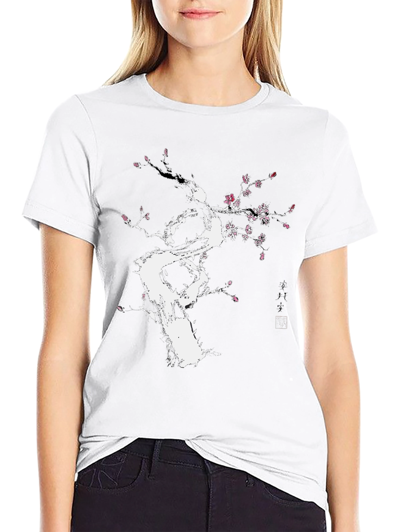 Black T-Shirt with White Floral Tree Design