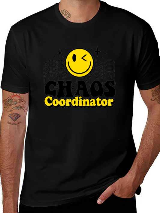 Chaos Coordinator Black T-Shirt - Winking Smiley Face Design