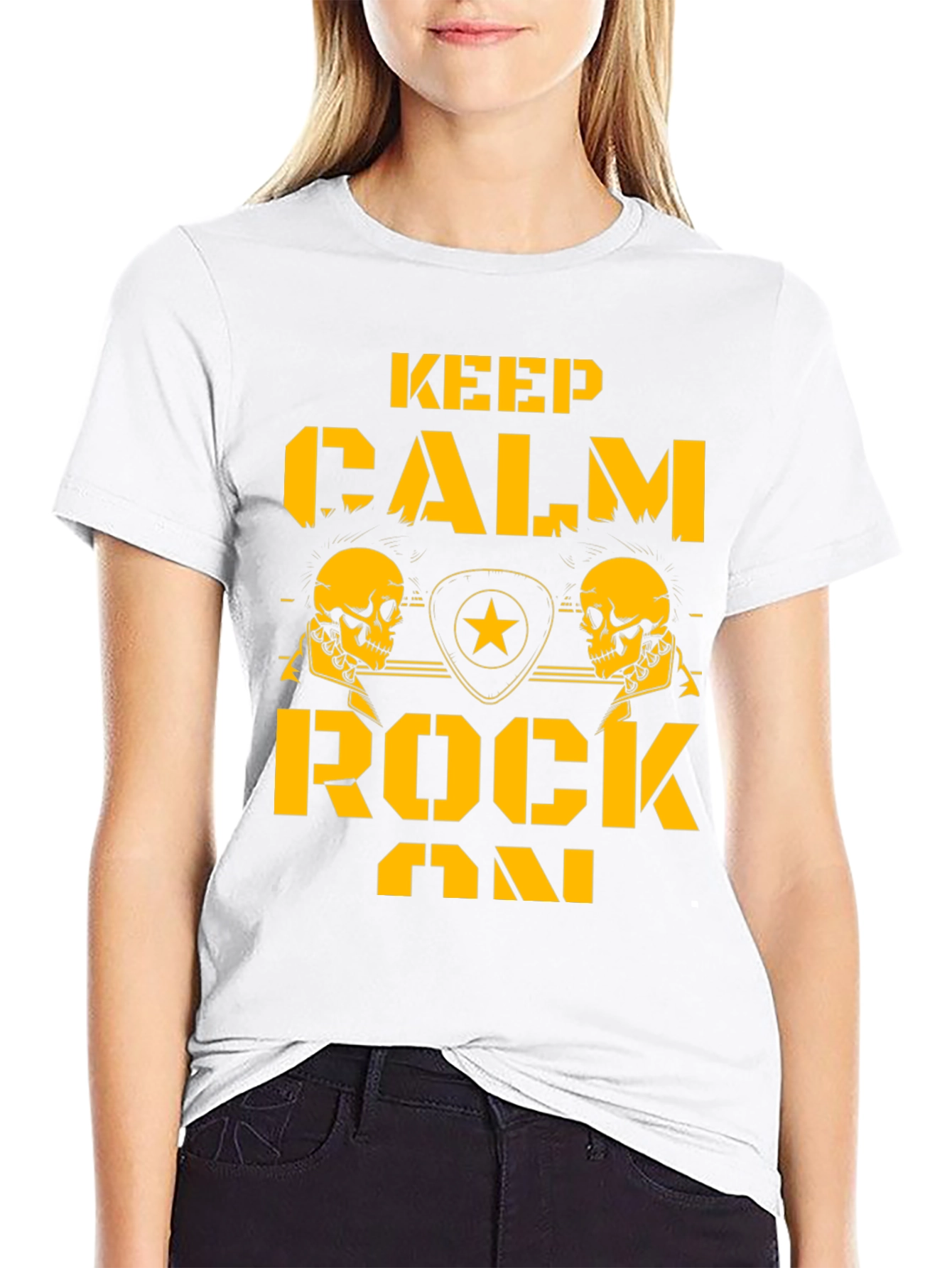Keep Calm Rock On Black T-Shirt with Skull Graphics