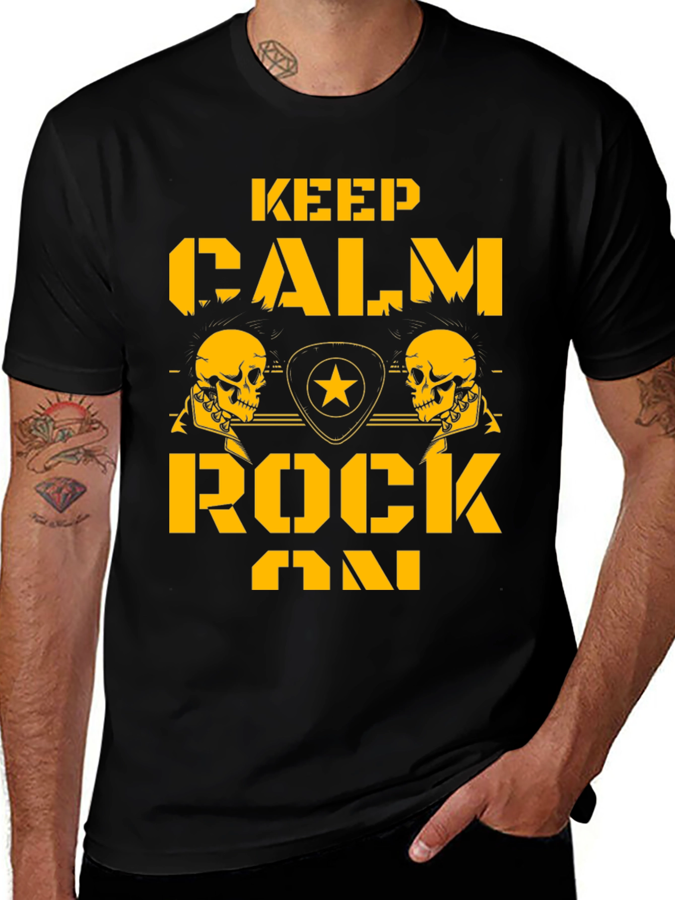 Keep Calm Rock On Black T-Shirt with Skull Graphics