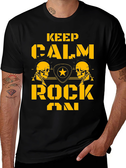 Keep Calm Rock On Black T-Shirt with Skull Graphics