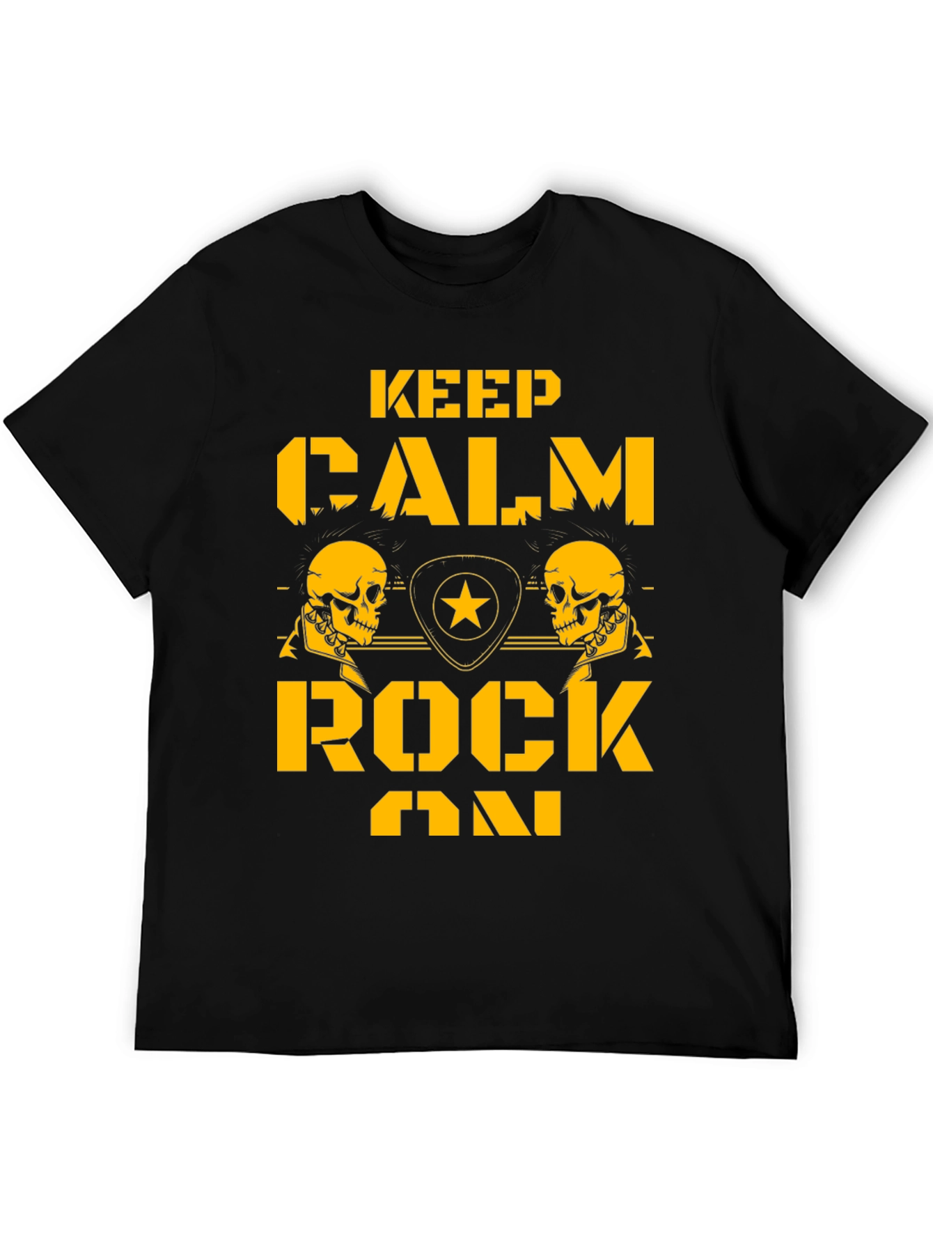 Keep Calm Rock On Black T-Shirt with Skull Graphics